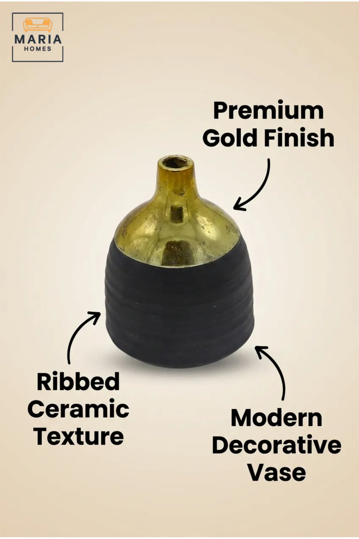 Modern Decorative Flower Vase with Gold-Tone Neck, Textured Rounded Body and Narrow Opening for Living Room, Bedroom, Office and Console Décor