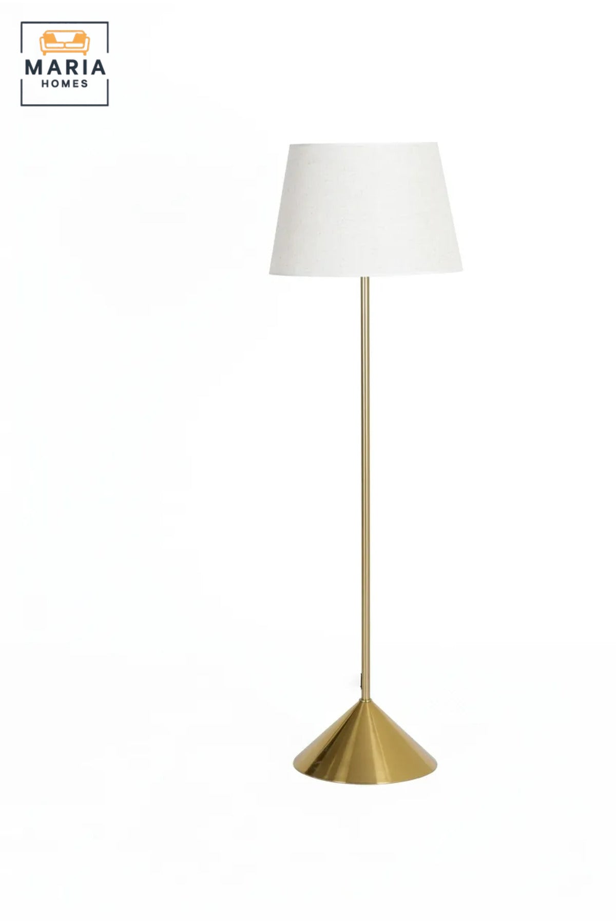 Modern Brass Floor Lamp with Fabric Shade and Sculptural Base, Elegant Freestanding Standing Light for Living Room, Bedroom, Reading Corner and Office