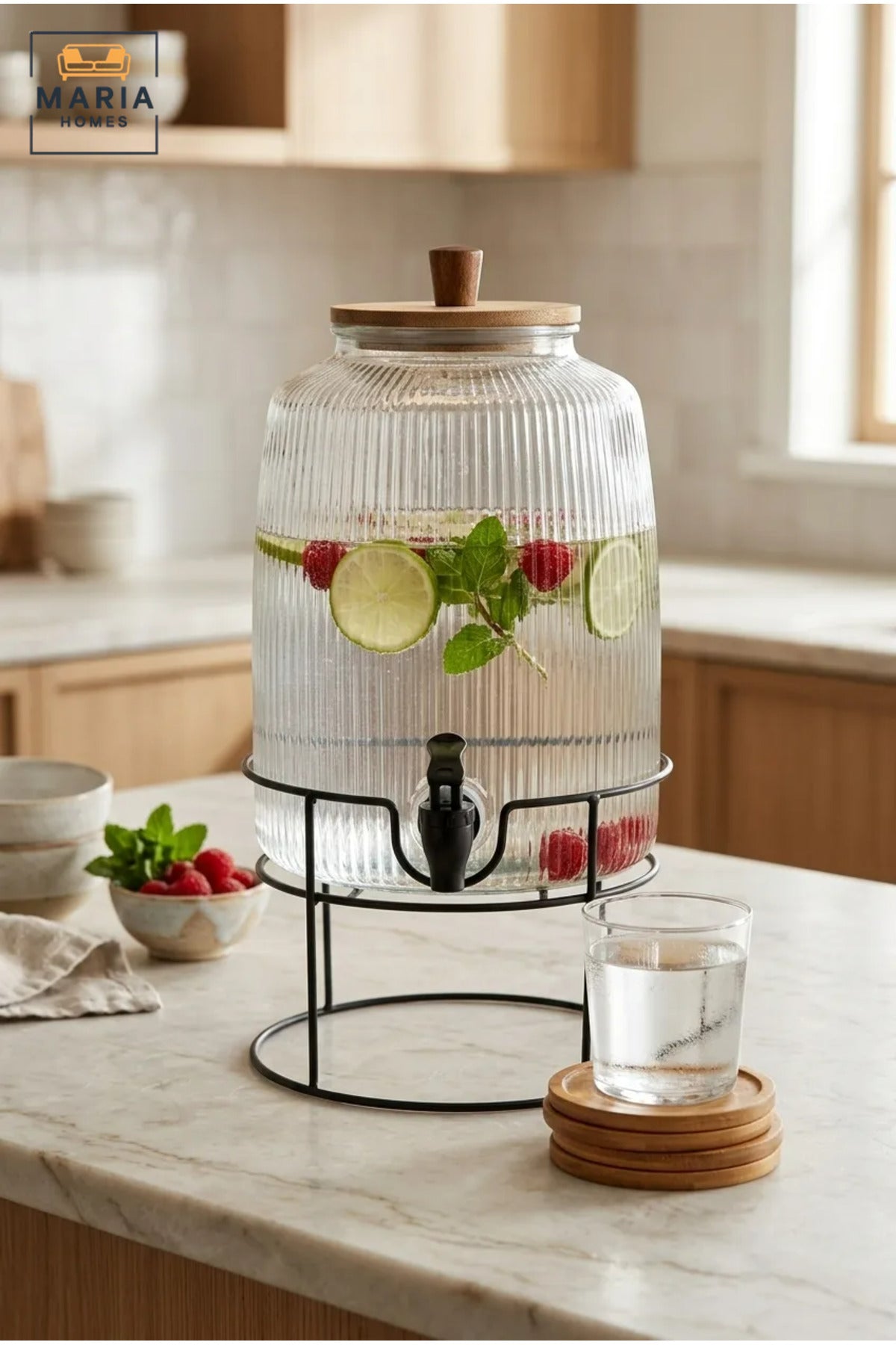 Large Glass Beverage Dispenser with Tap, Wooden Lid and Metal Stand, Drink Jar for Water, Juice, Lemonade, Iced Tea, Parties and Buffets