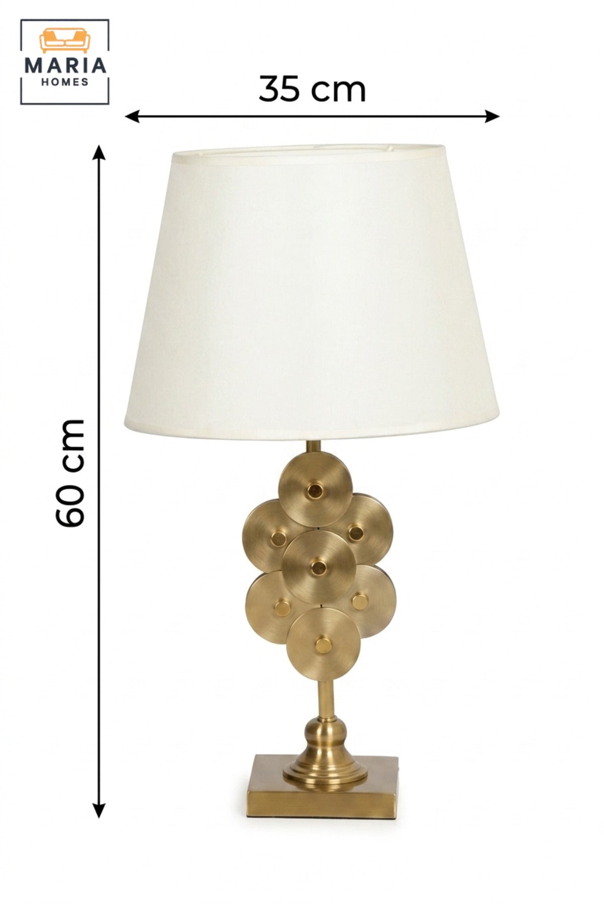 Luxury Decorative Disc Table Lamp with White Fabric Shade, Antique Gold Tone Sculptural Base for Bedroom, Living Room, Office, Hotel and Bedside Décor
