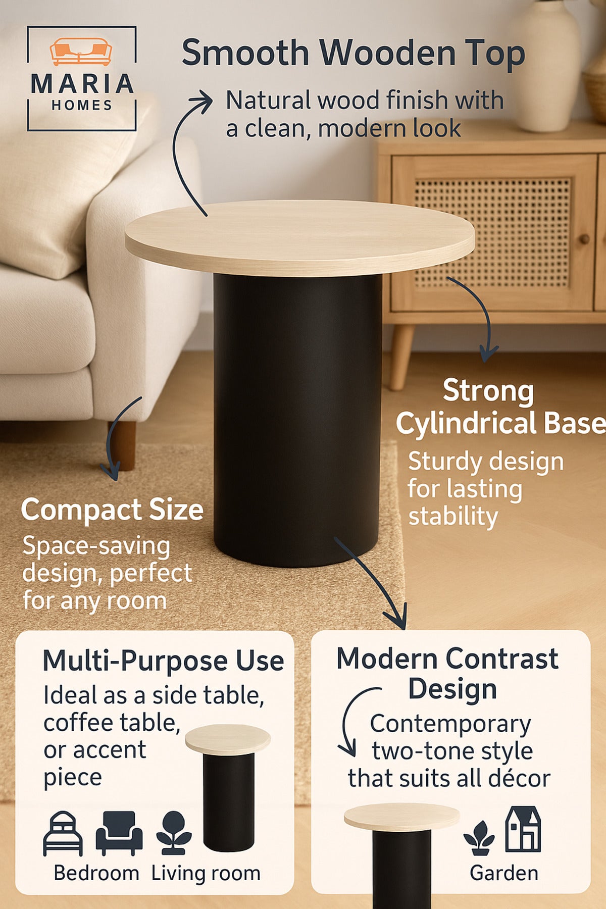 Modern Round Side Table Ð Black Base Coffee Table 50_50 cm for Living Room & Bedroom