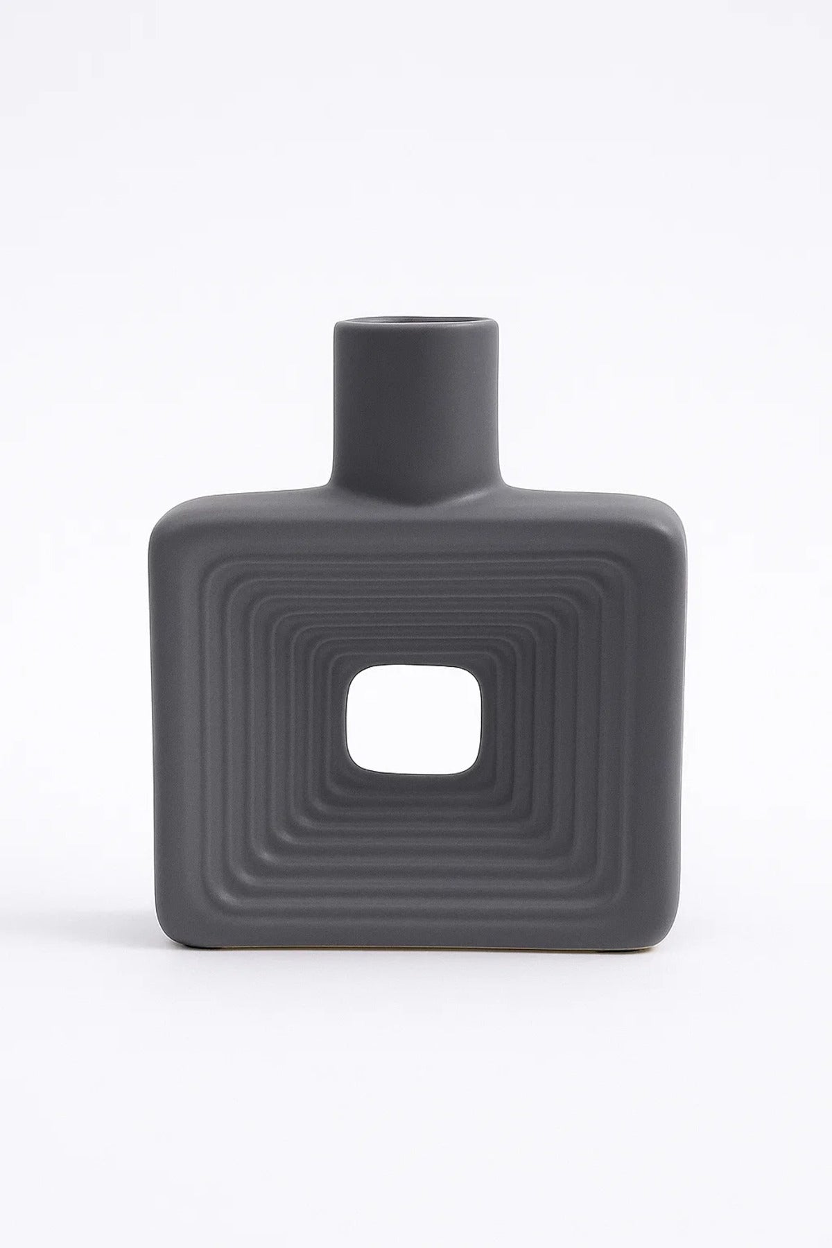 Matte Dark Grey Geometric Ceramic Vase Ð Modern Minimalist Square Flower Pot with Cut-Out Design