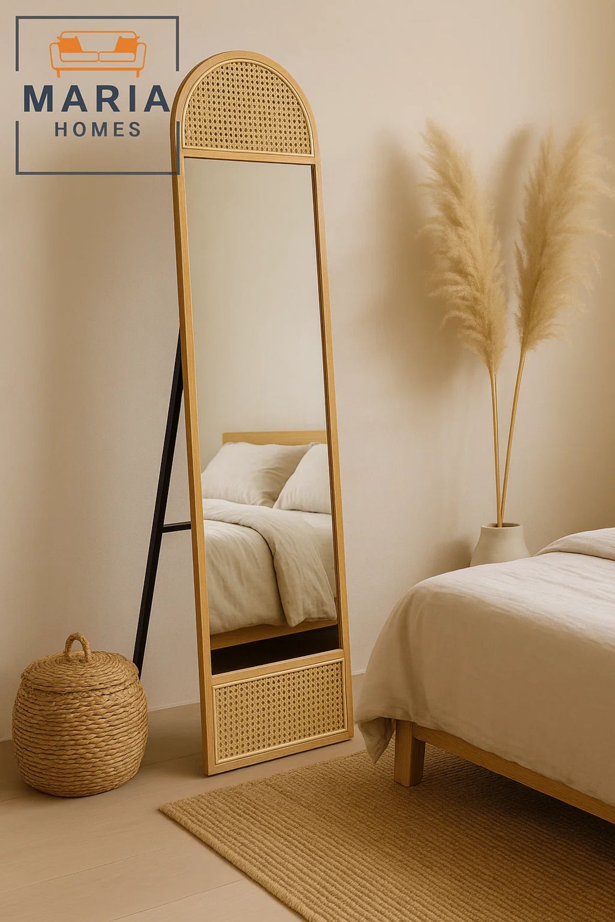 Natural Rattan Arched Full-Length Mirror Ð Freestanding Wood Frame Dressing Mirror for Bedroom