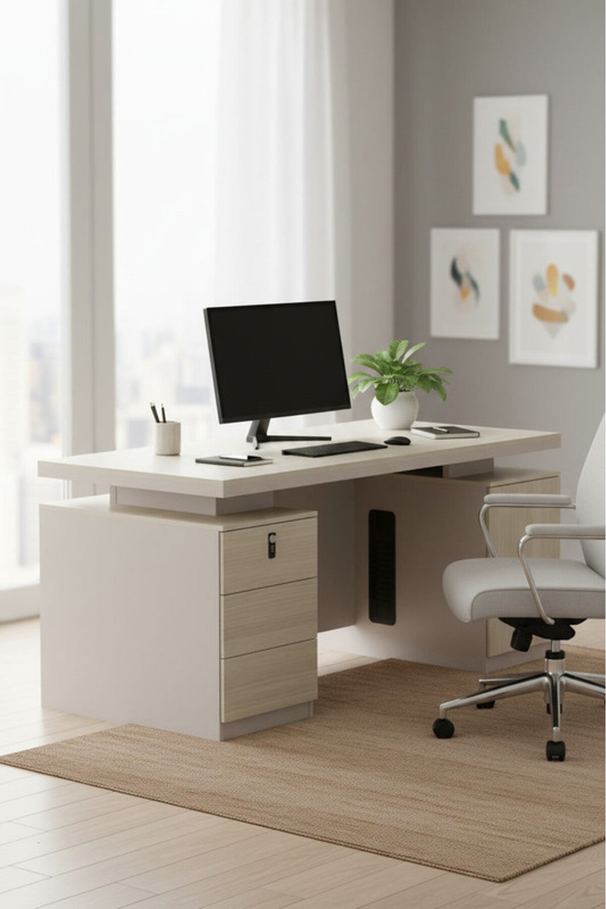 P.O.MORANDI Executive Desk with Storage and Cable Management