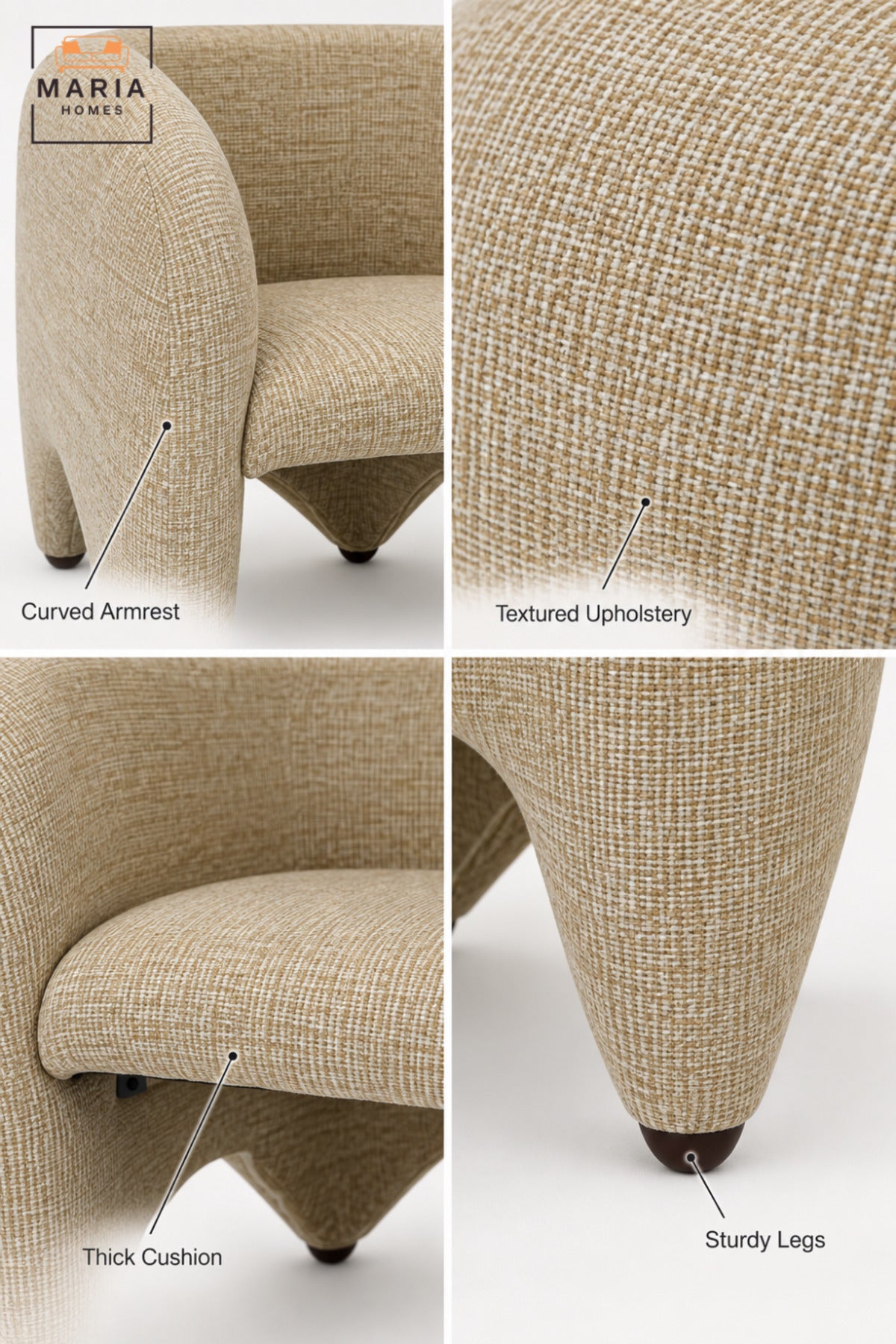 Modern Beige Upholstered Accent Chair with Curved Backrest, Padded Seat and Sculptural Design for Living Room, Bedroom, Lounge & Reception