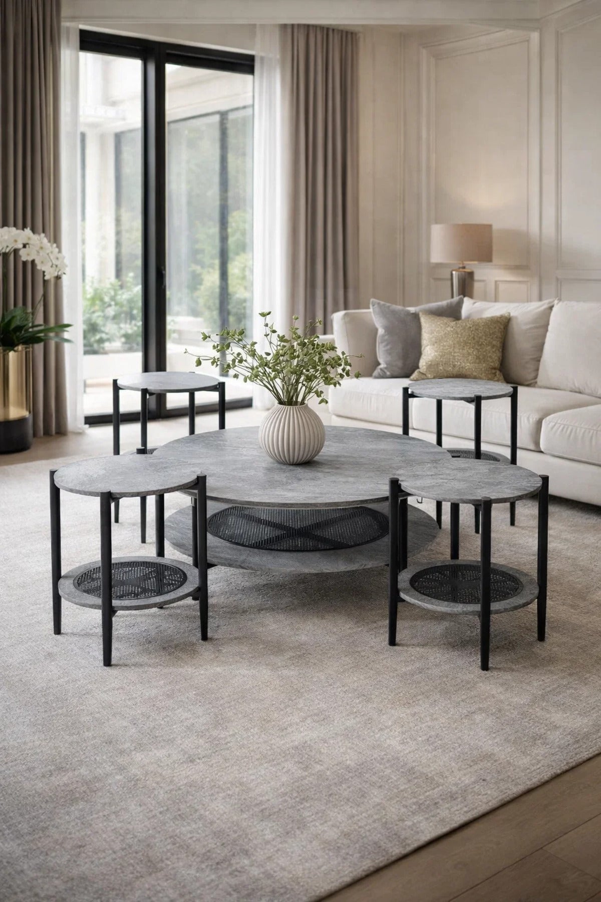 Contemporary Grey Wood Round Coffee Table Set 1+4 with Metal Legs for Stylish Home Living Room