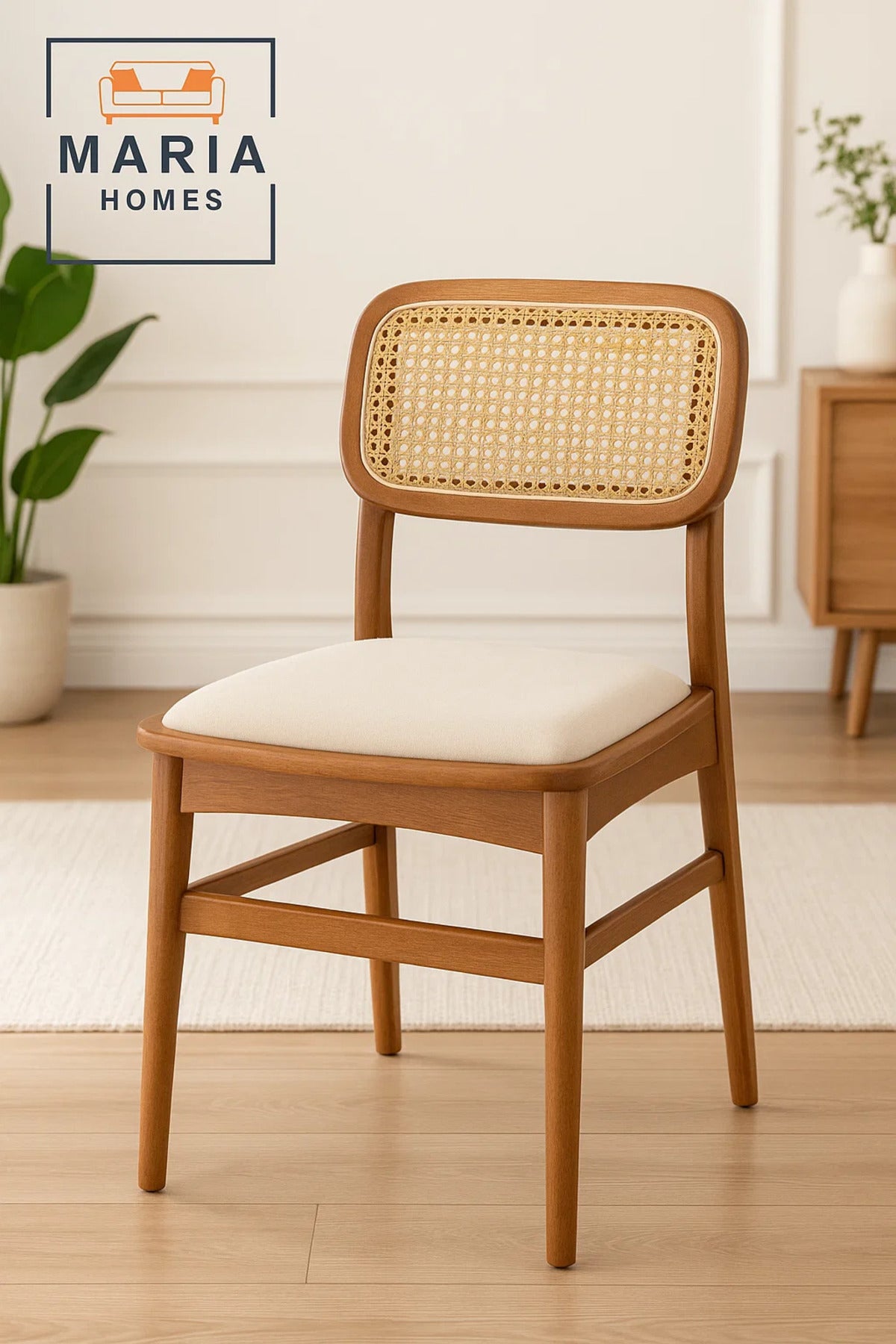 Modern Walnut Dining Chair with Cane Backrest and Padded Seat