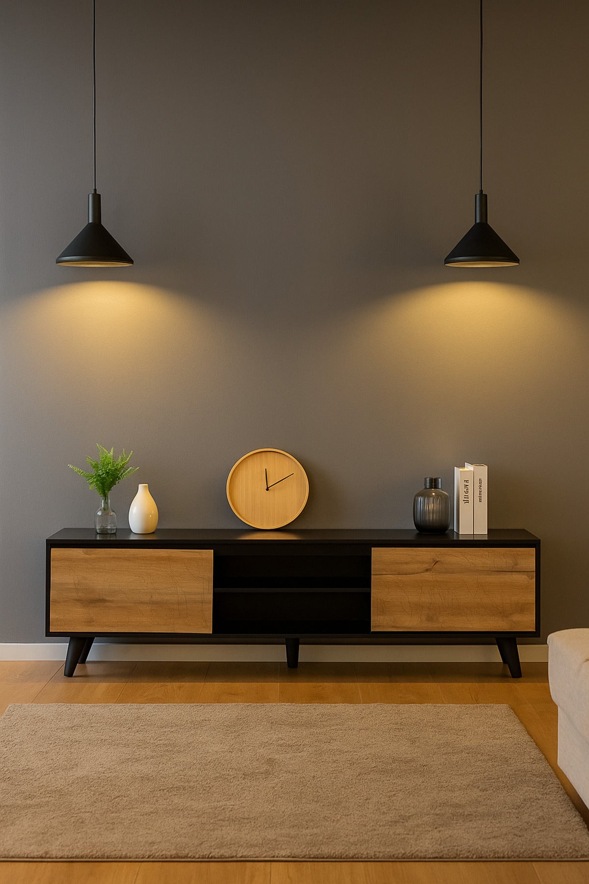 Walnut and Black Wooden TV Stand 180_40_57 cm Ð Modern 2-Door TV Unit with Open Shelves