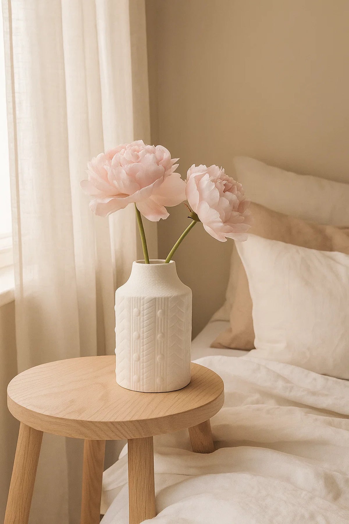 White Textured Ceramic Vase Ð Modern Minimalist Decorative Flower Pot with Embossed Pattern