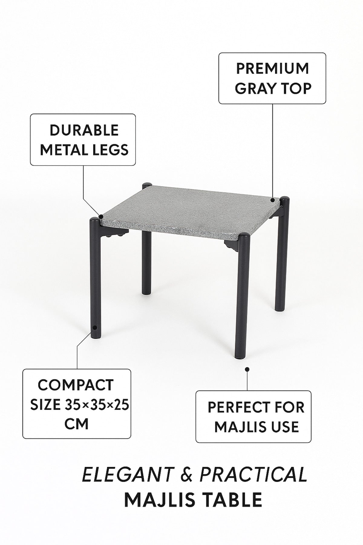 Small Gray Square Side Table with Black Metal Legs Ð Modern Minimalist Accent Table 35_35_25 cm
