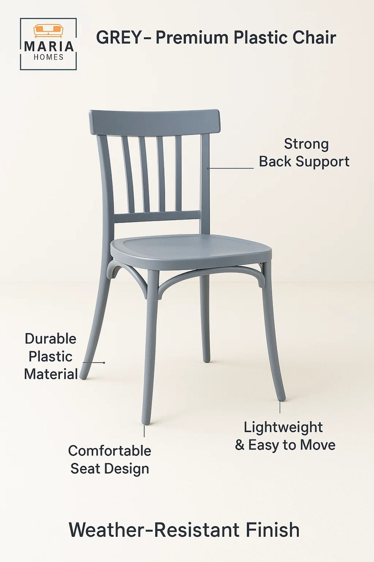 Grey Plastic Cafe Chair Modern Stackable Dining Chair with Vertical Slat Back for Indoor and Outdoor