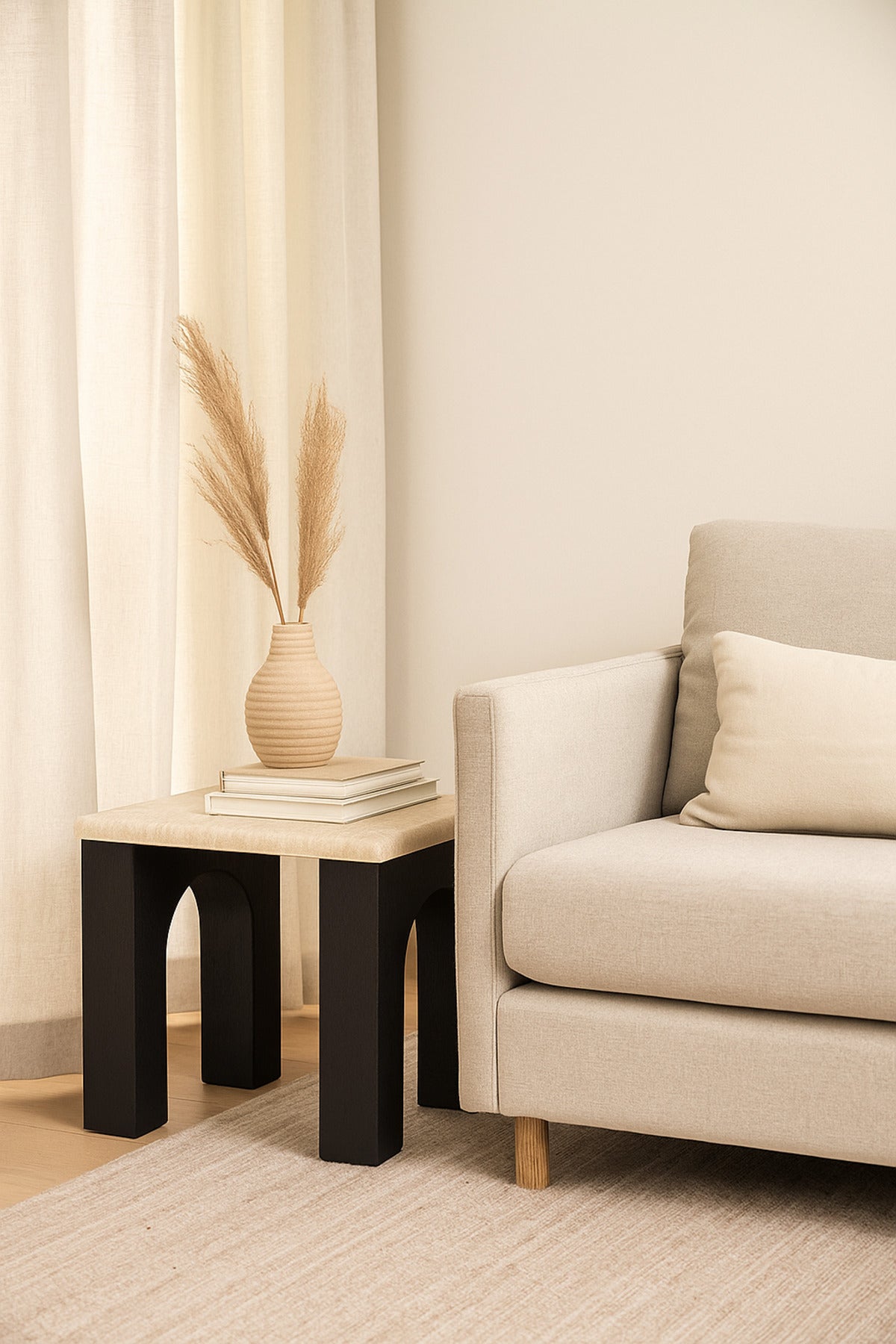 Wooden Side Table with Black Arched Legs Modern End Table for Living Room or Bedroom 50_50_55 cm