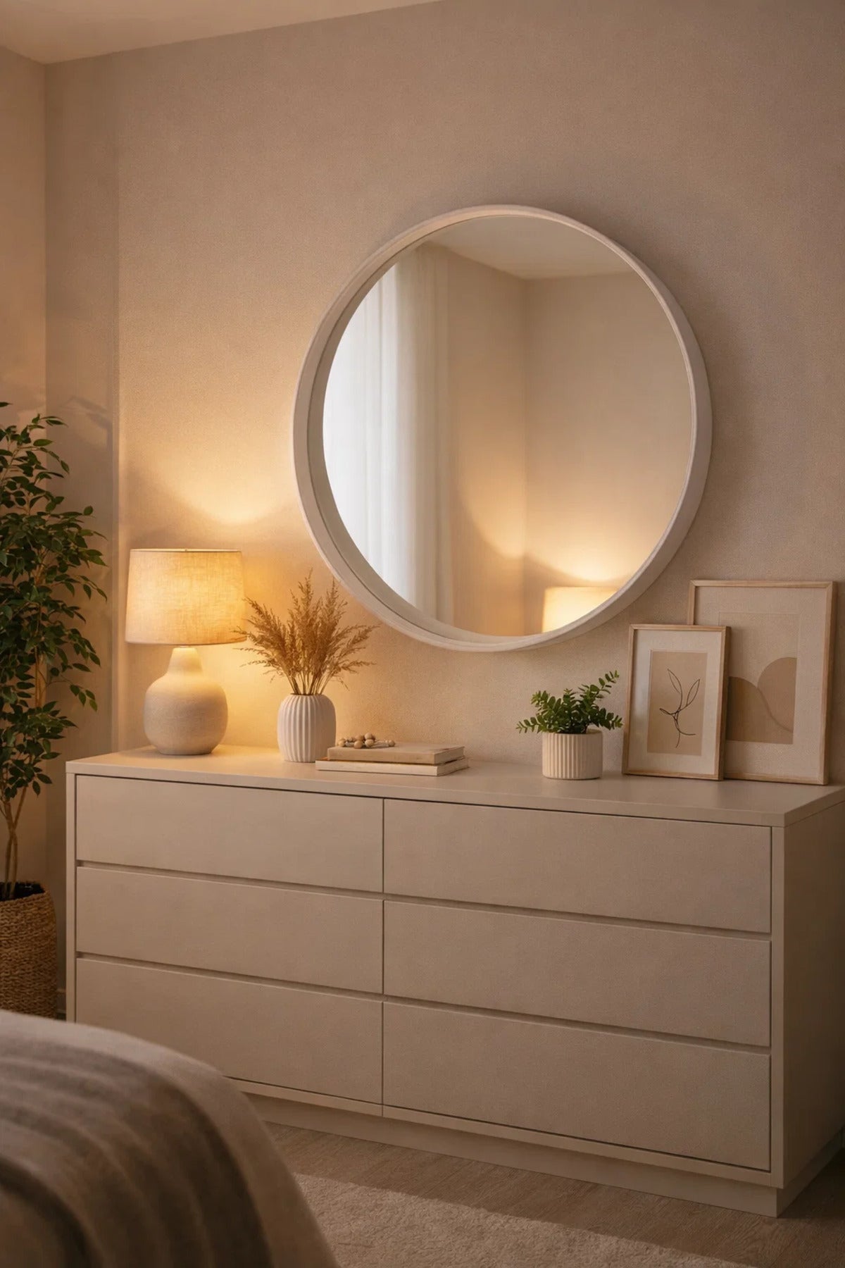Modern White Round Wall Mirror 90cm Wooden Frame Circle Hanging for Living Room Bedroom Decor