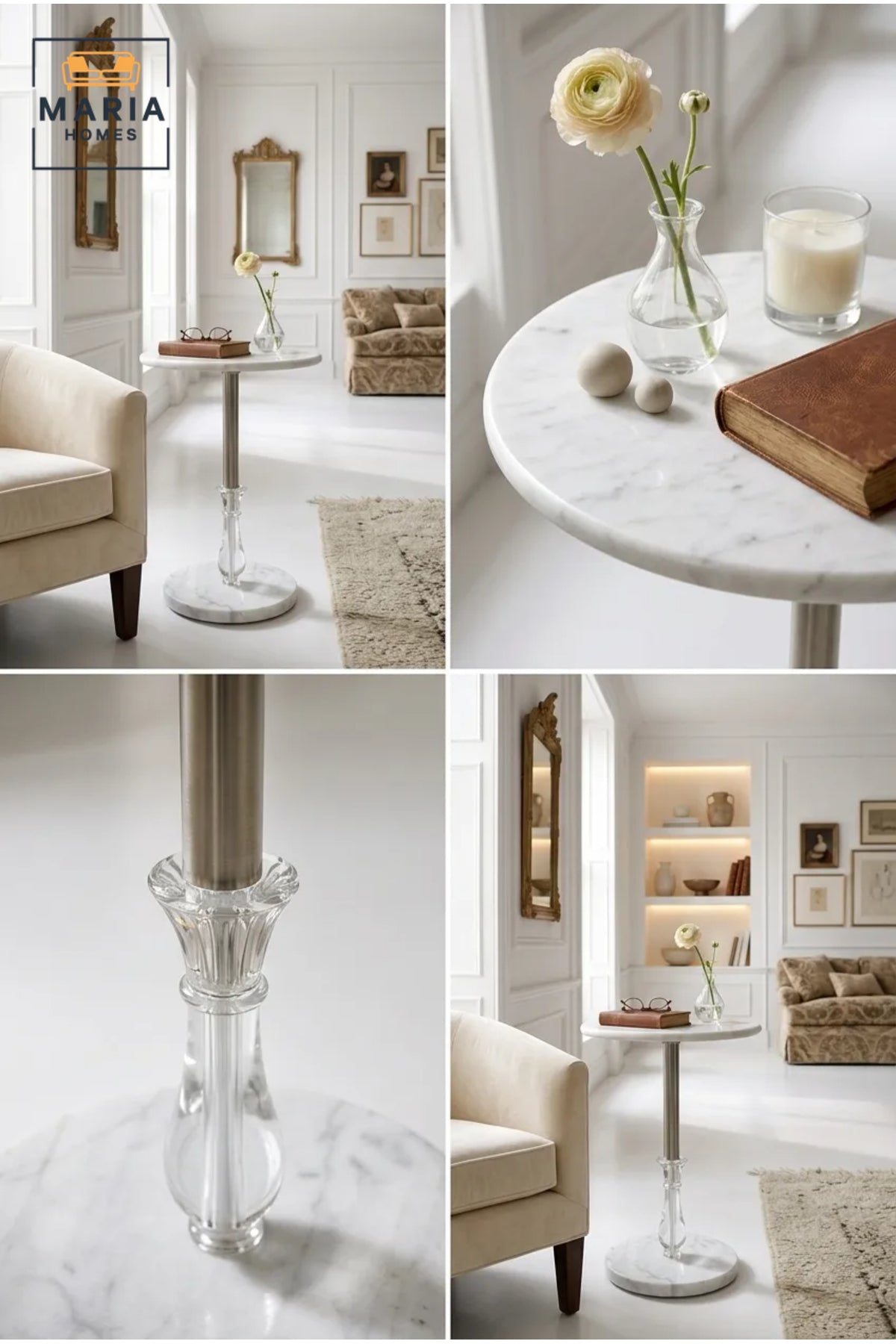 Modern Round Side Table with Marble-Effect Finish and Crystal Accent Base
