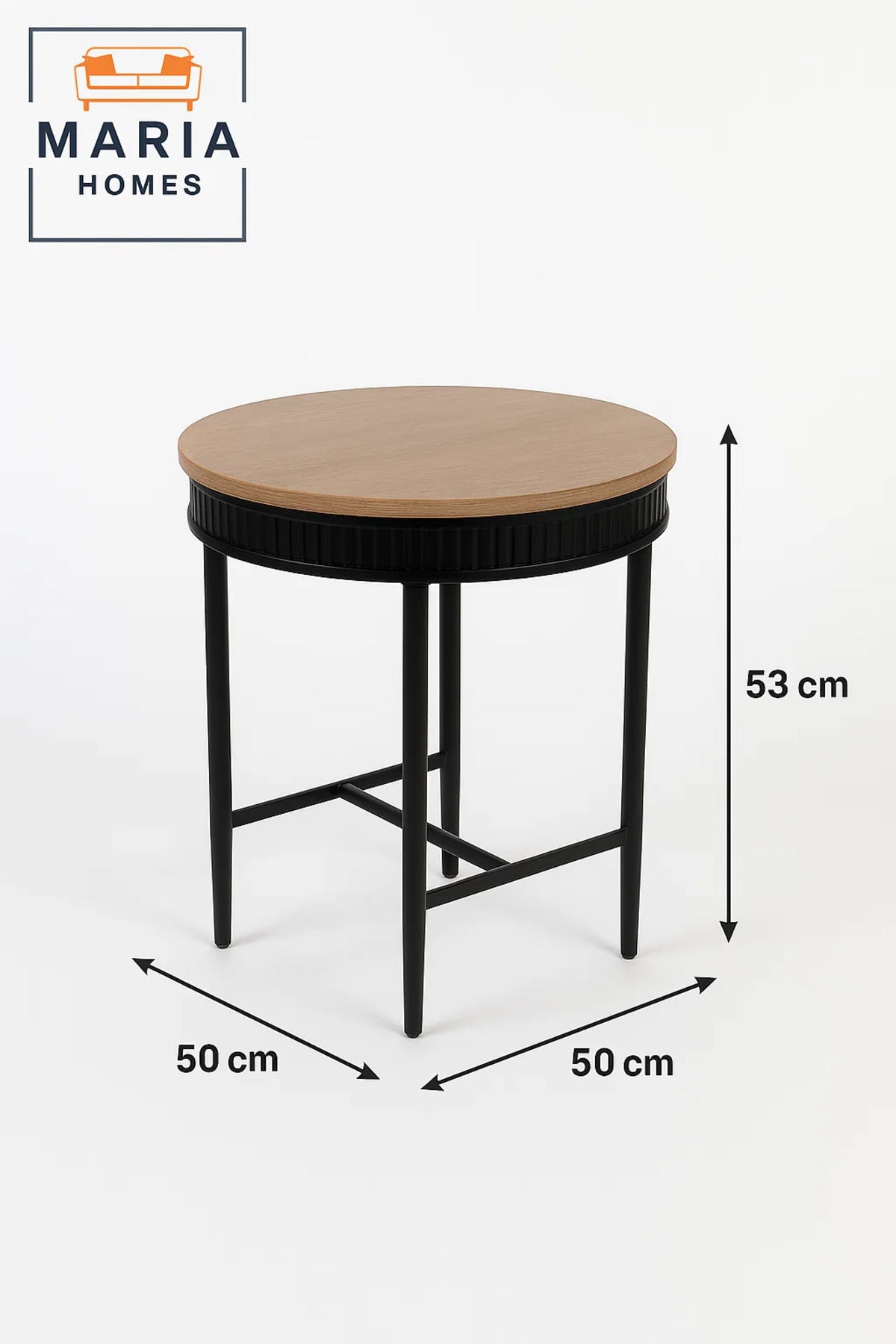 Round Wooden Side Table with Ribbed Black Edge and Cross-Leg Support