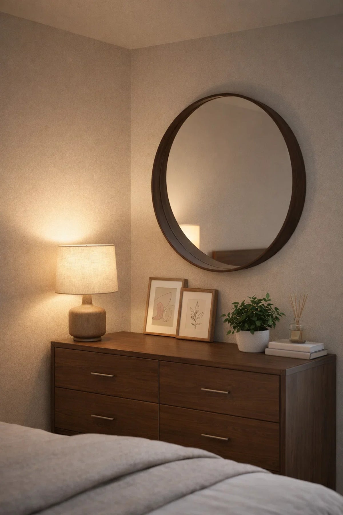 Premium Round Wood Frame Wall Mirror 80cm M51 Brown Modern Home Decor for Entryway Bathroom Vanity
