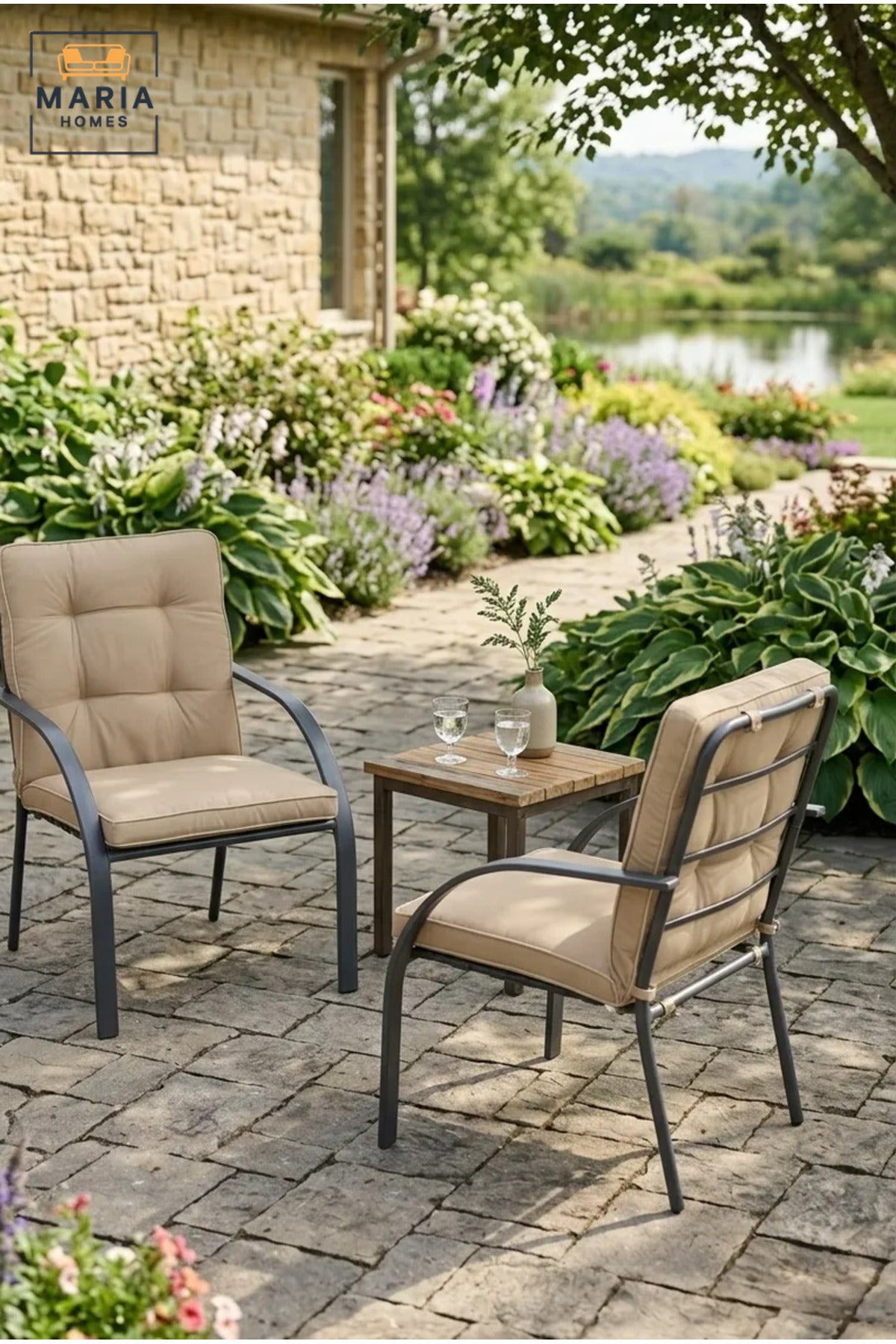 Modern Beige Outdoor Patio Armchair – Cushioned Garden Chair with Metal Frame for Balcony, Terrace & Outdoor Dining
