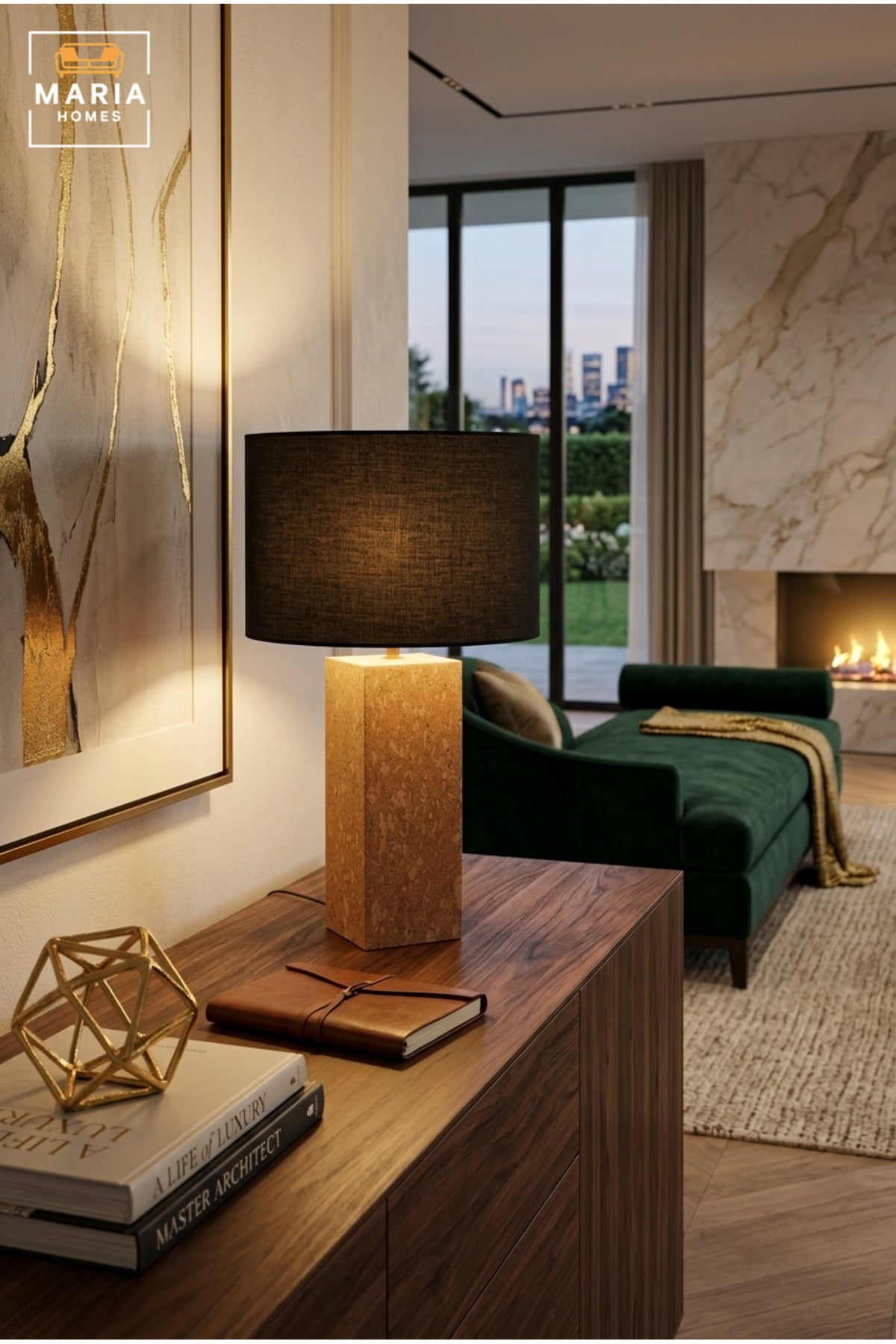 Modern Cork Table Lamp with Black Drum Fabric Shade and Slim Rectangular Textured Base for Bedroom, Living Room, Office, Hotel and Bedside Décor
