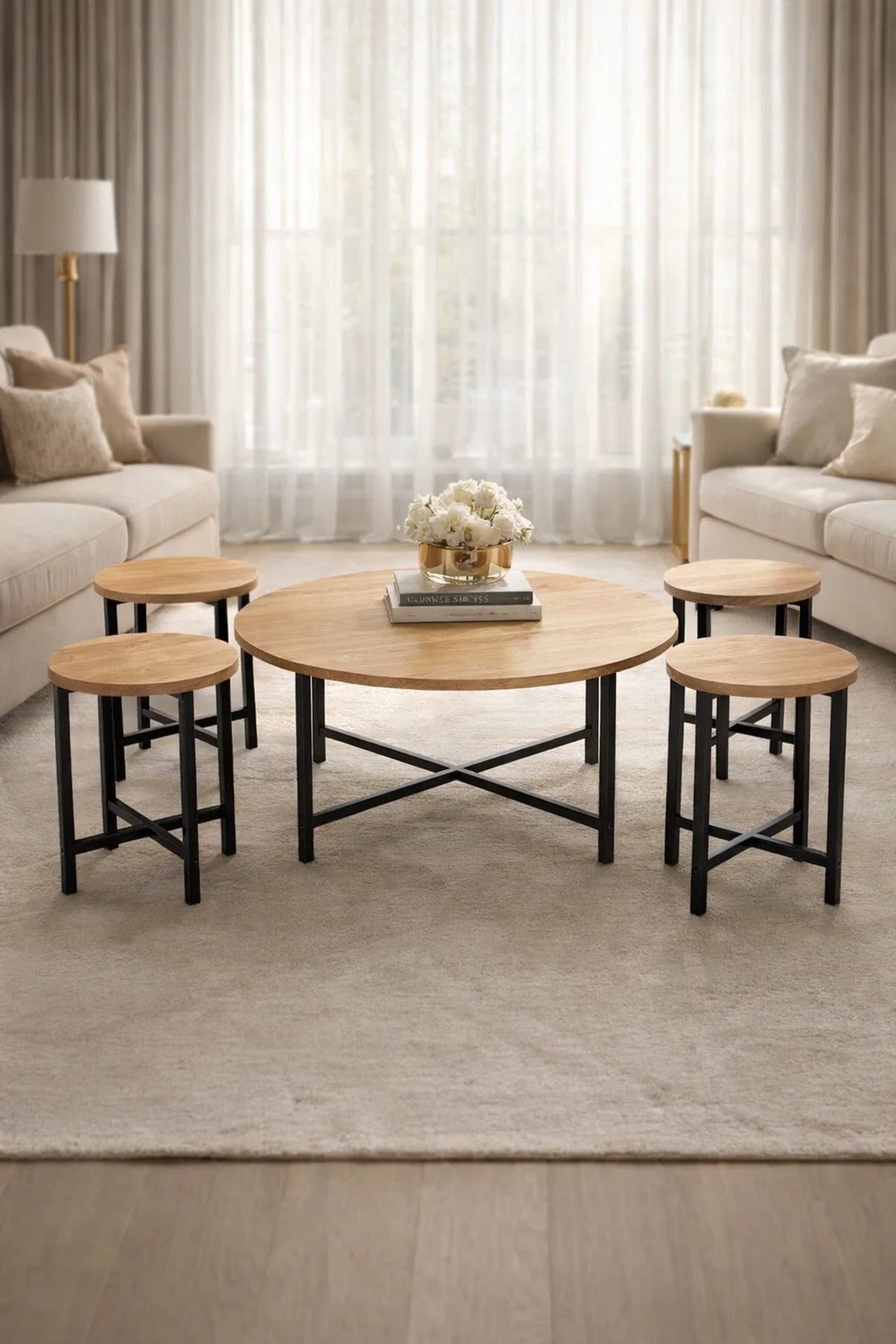 Industrial Round Coffee Table Set 1+4 Wooden Top Metal Legs Nesting Furniture for Modern Home