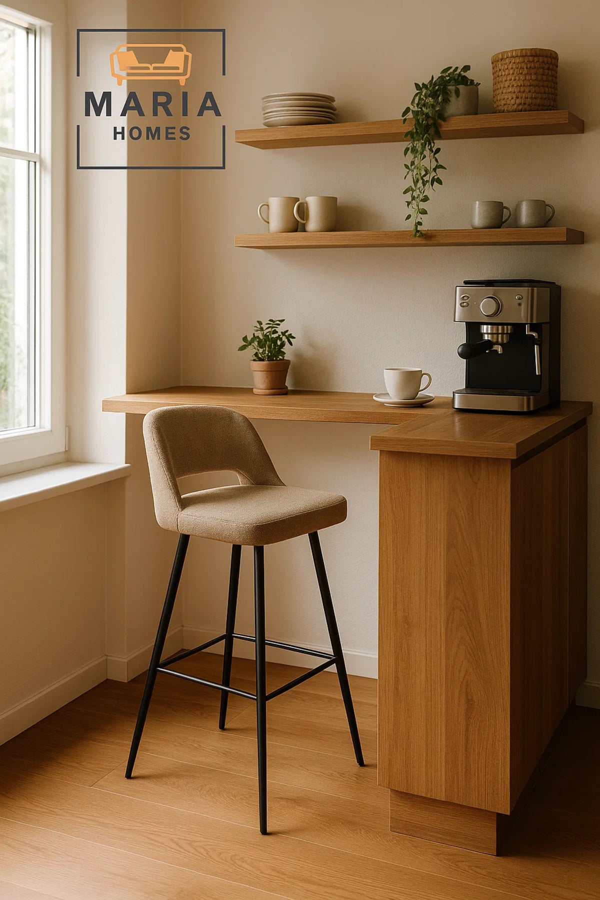 Modern Beige Bar Stool Ð Upholstered High Chair with Black Metal Legs