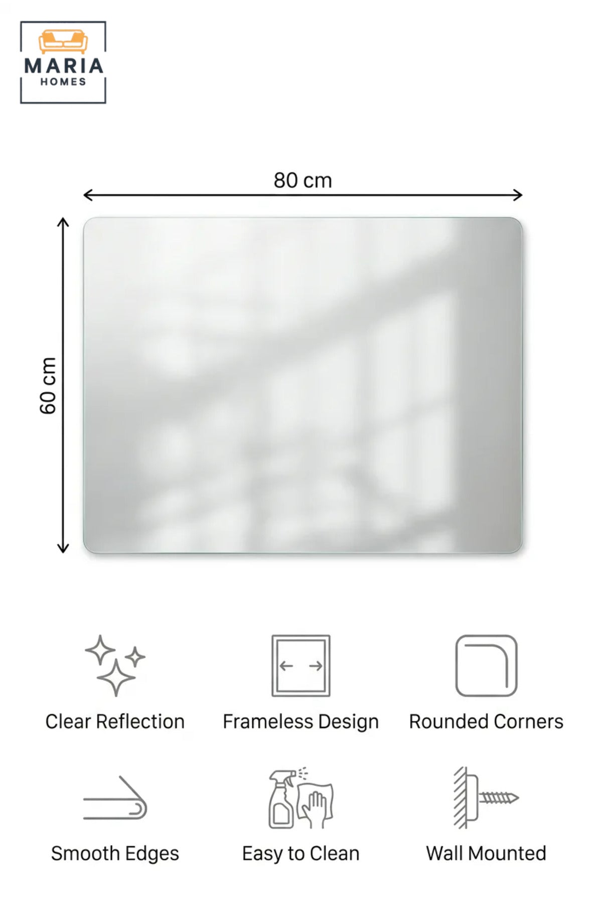 Frameless Rectangular Wall Mirror 80 × 60 cm with Soft Rounded Corners, Modern Decorative Mirror for Bathroom, Bedroom, Dressing Area, Hallway and Vanity