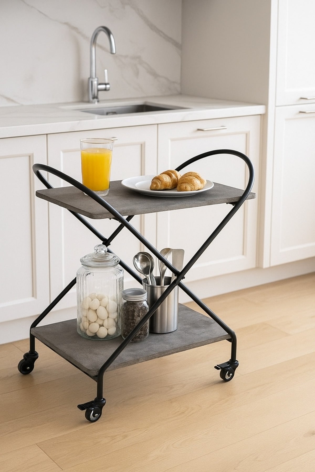 Modern Gray Metal Serving Trolley Ð 2-Tier Industrial Bar Cart with Wheels 72_40_78 cm
