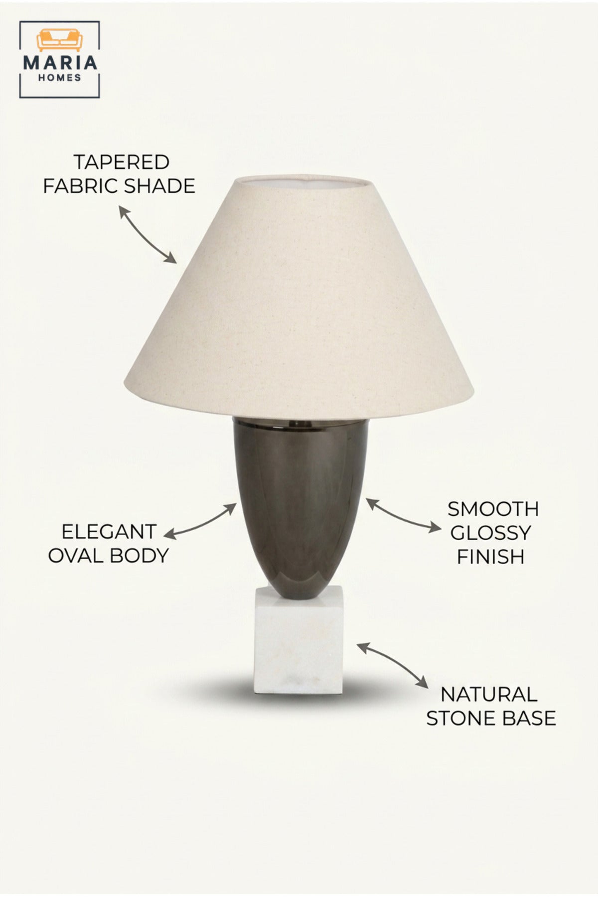 Luxury Dark Grey Table Lamp with Beige Fabric Shade, Sculptural Oval Body and White Marble Cube Base for Bedroom, Living Room, Office and Hotel Décor