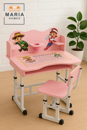 Pink Kids Study Desk and Chair Set with Cartoon Design and Alphabet Tabletop