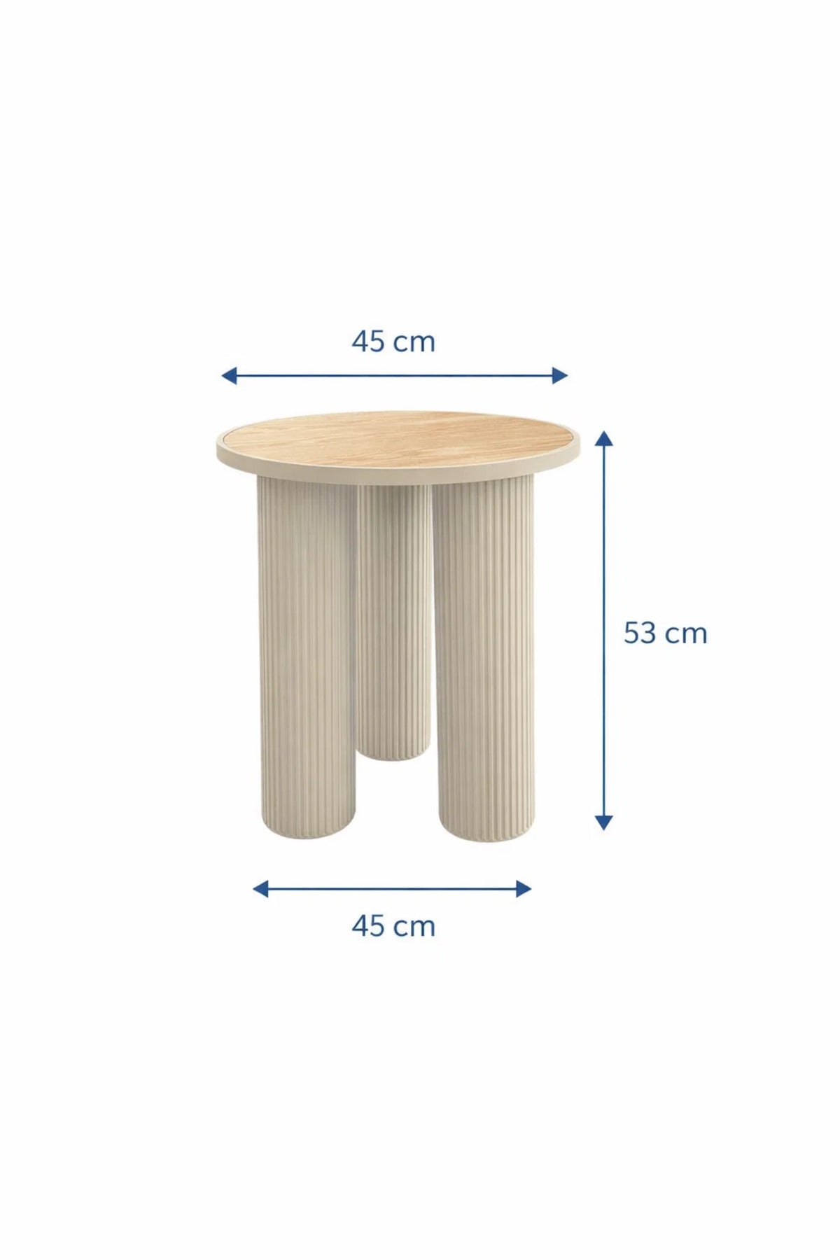 Beige Fluted Side Table with Wood Top Modern Round End Table for Home Living Room Decor