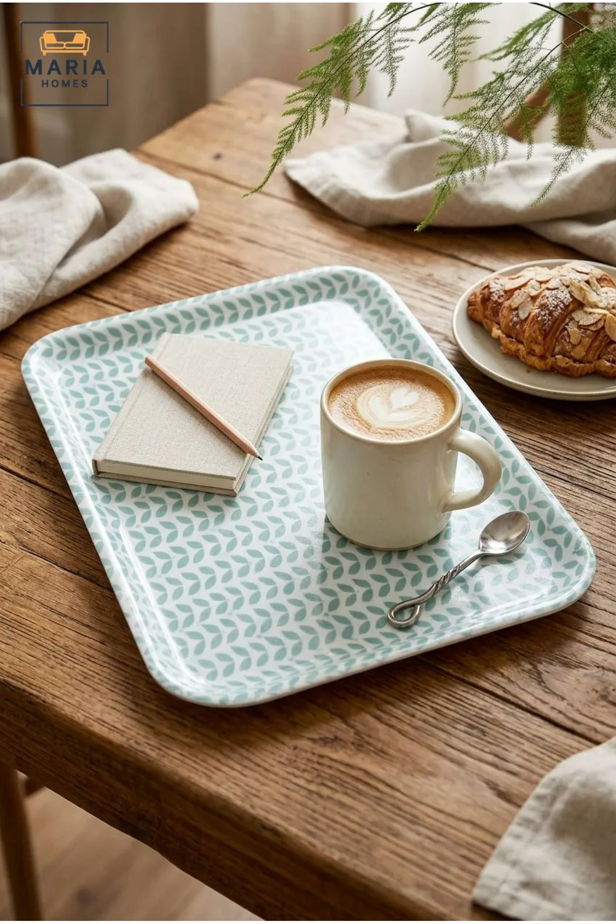 Rectangular Serving Tray with Leaf Pattern, Raised Edges and Rounded Corners, Multipurpose Food Tray for Kitchen, Dining, Café and Restaurant