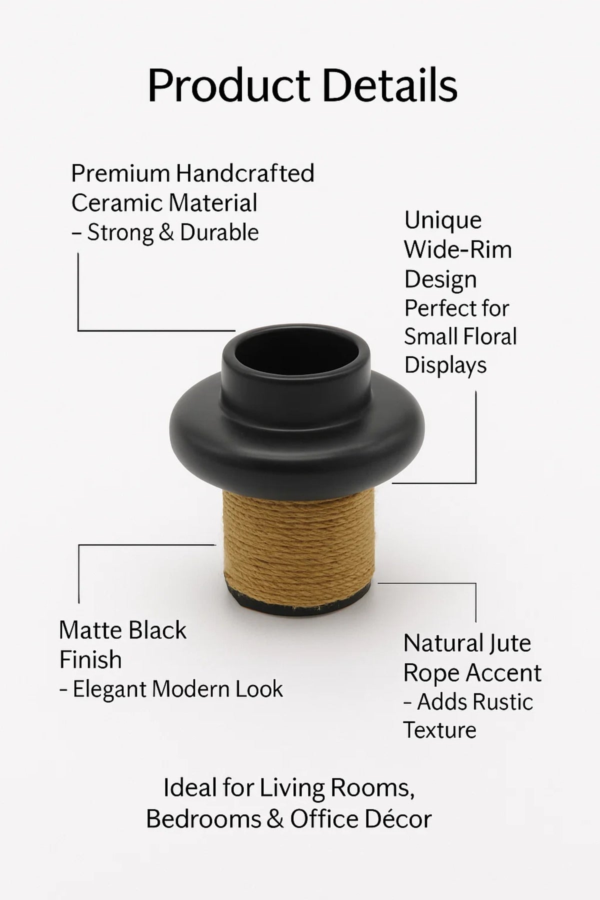 Black Ceramic Rope Design Vase Ð Modern Decorative Flower Pot for Home and Office DŽcor