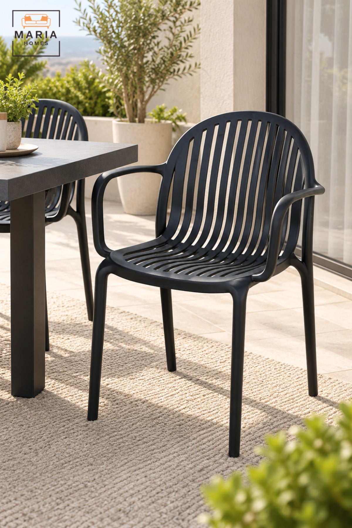 Modern Black Garden Chair with Armrests, Vertical Slatted Curved Backrest and Comfortable Seat for Patio, Balcony, Terrace, Café & Outdoor Seating