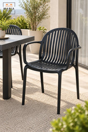 Modern Black Garden Chair with Armrests, Vertical Slatted Curved Backrest and Comfortable Seat for Patio, Balcony, Terrace, Café & Outdoor Seating