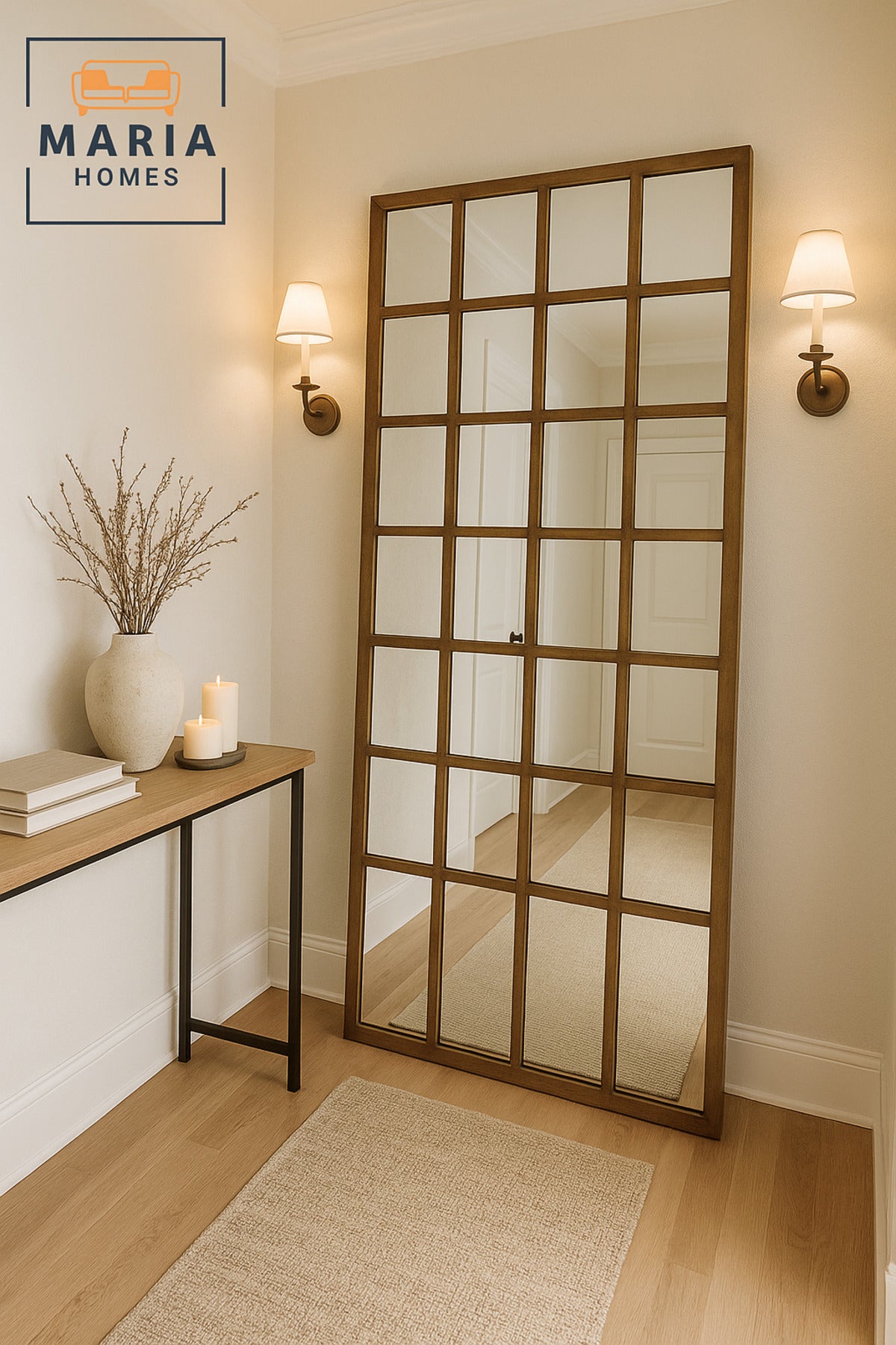 Natural Wooden Frame Wall Mirror with Grid Design Ð Decorative Full-Length Mirror (180_80 cm)
