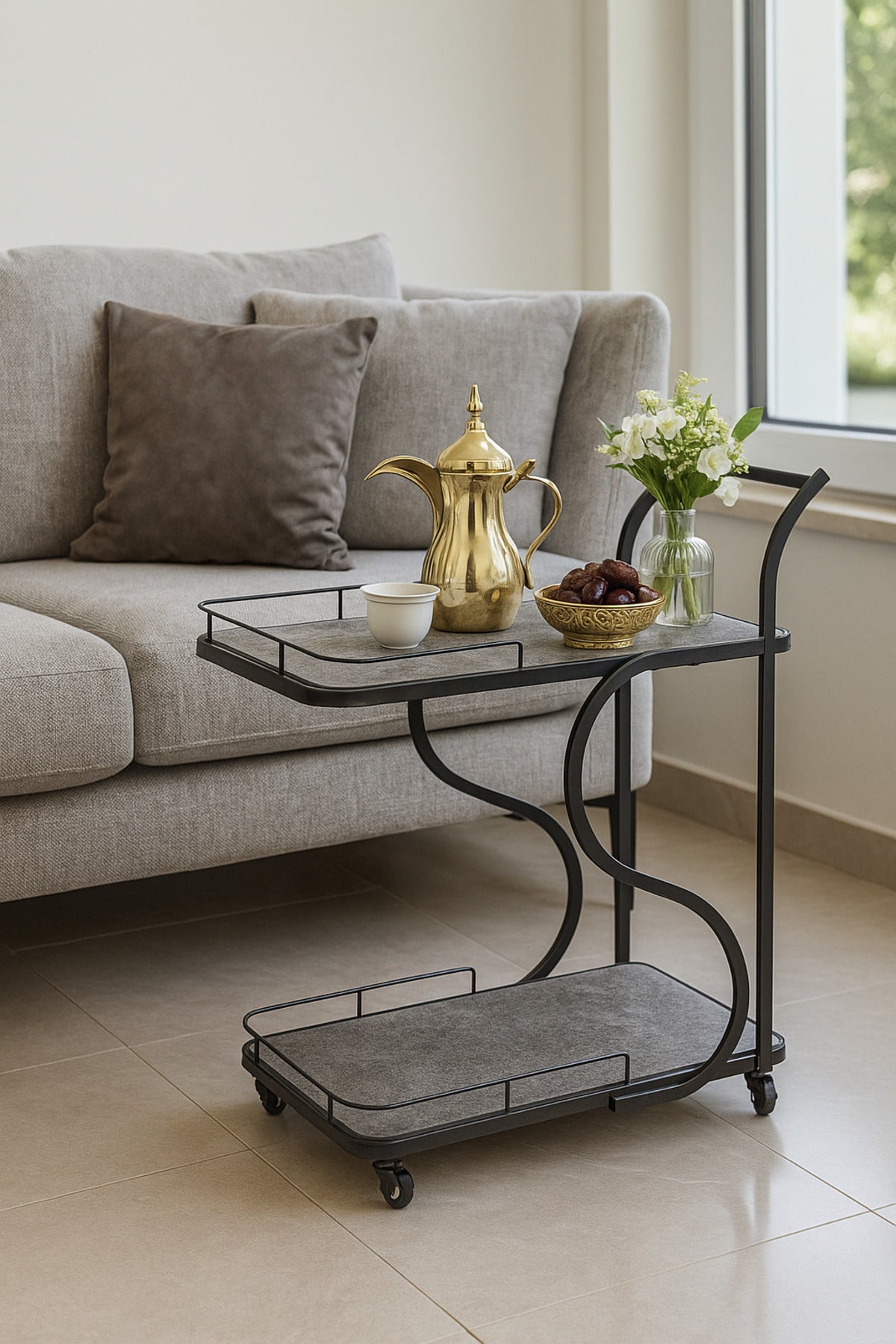 Modern Serving Trolley with Stone-Effect Shelves & Black Metal Frame Ð 2-Tier Rolling Bar Cart