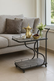 Modern Serving Trolley with Stone-Effect Shelves & Black Metal Frame Ð 2-Tier Rolling Bar Cart
