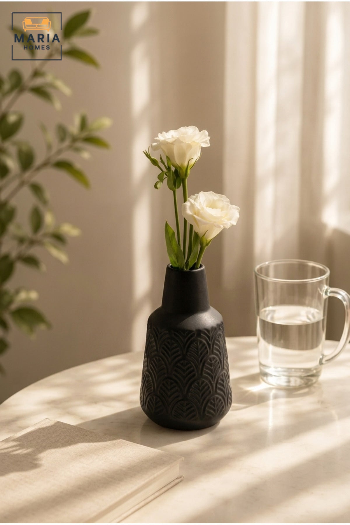 Modern Black Ceramic Decorative Vase with Textured Finish, Small Flower Vase for Living Room, Dining Table, Shelf & Home Décor
