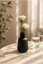 Modern Black Ceramic Decorative Vase with Textured Finish, Small Flower Vase for Living Room, Dining Table, Shelf & Home Décor