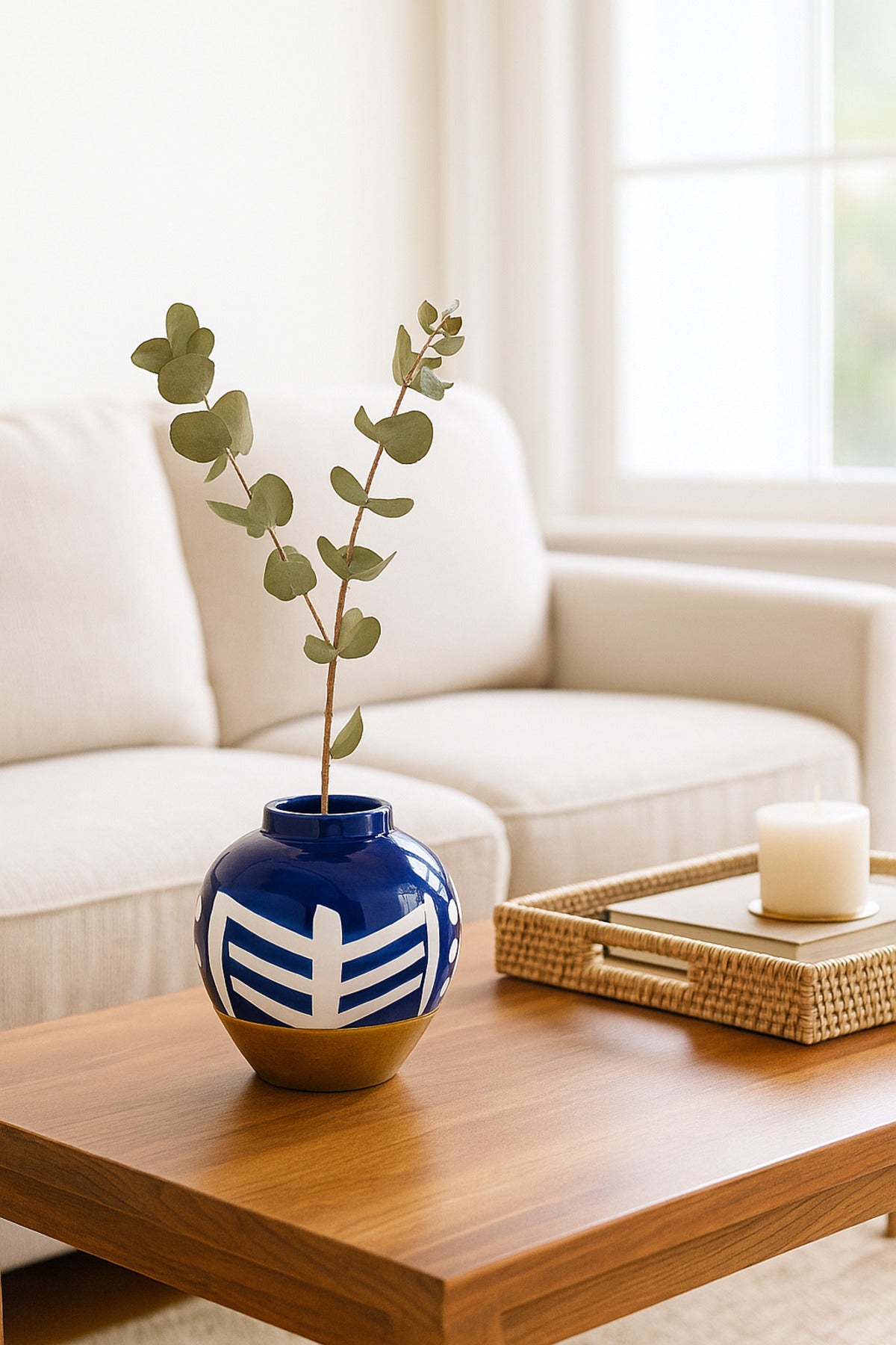 Dark Blue and White Ceramic Vase Ð Round Geometric Decorative Pot