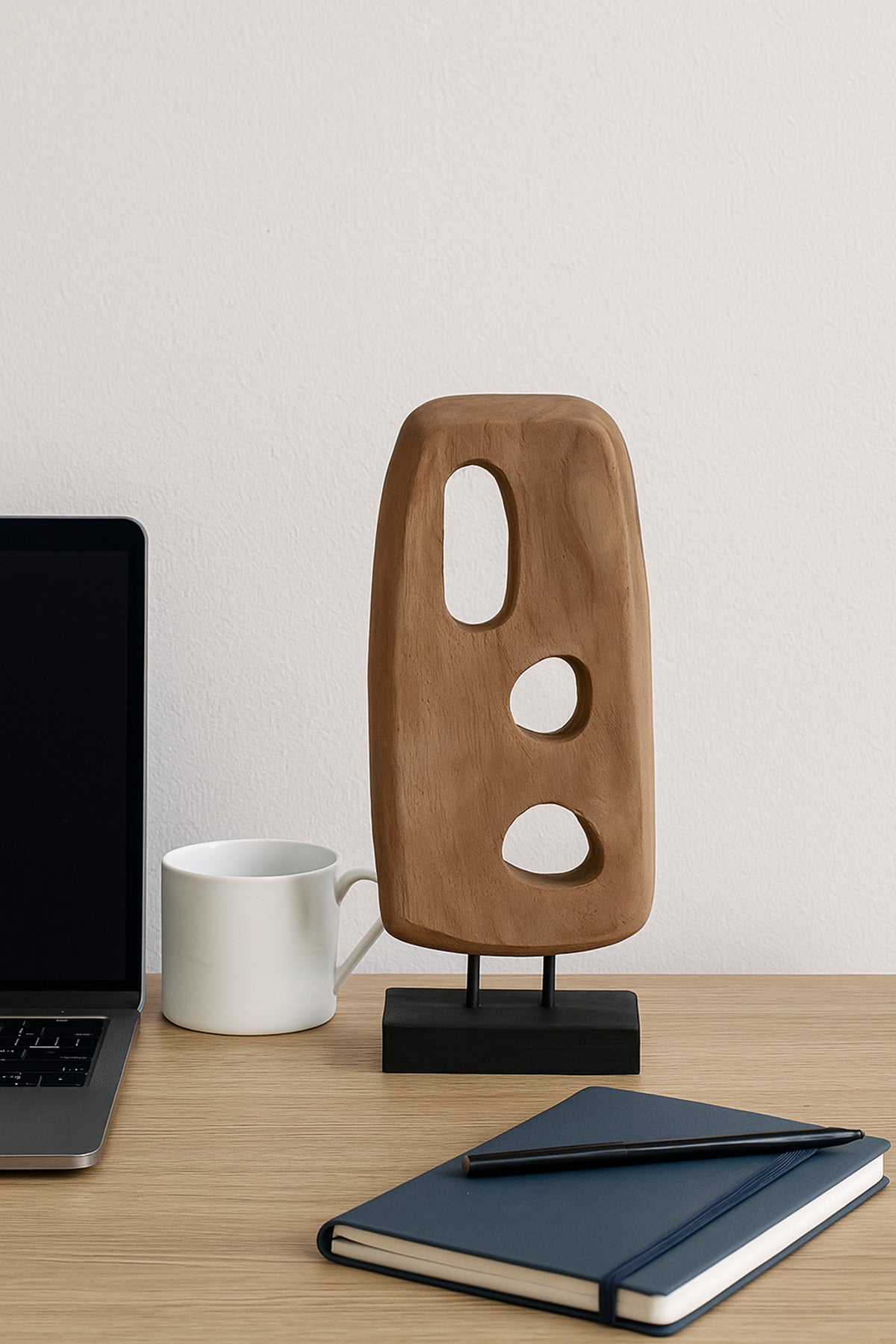 Walnut and Black Wooden Abstract Cut-Out Sculpture on Stand Ð Modern Decorative Accent