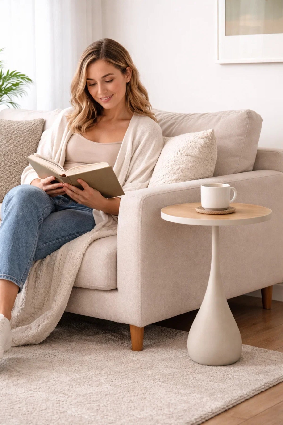 Modern Beige Side Table with Wooden Top Round Coffee Table for Living Room Decoration 60cm