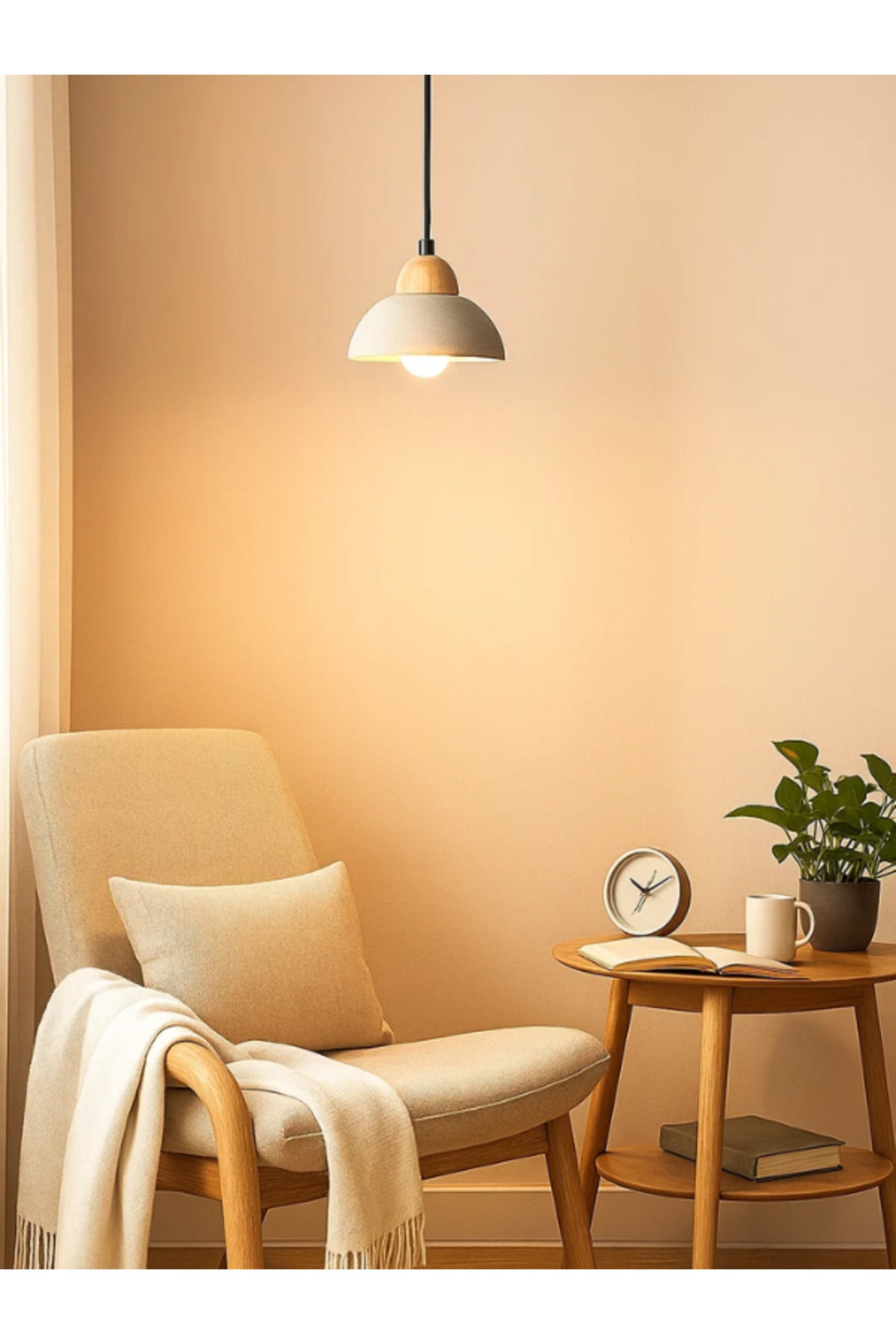 Modern Gray Pendant Light Ð Concrete and Wood Hanging Lamp for Living & Dining Room