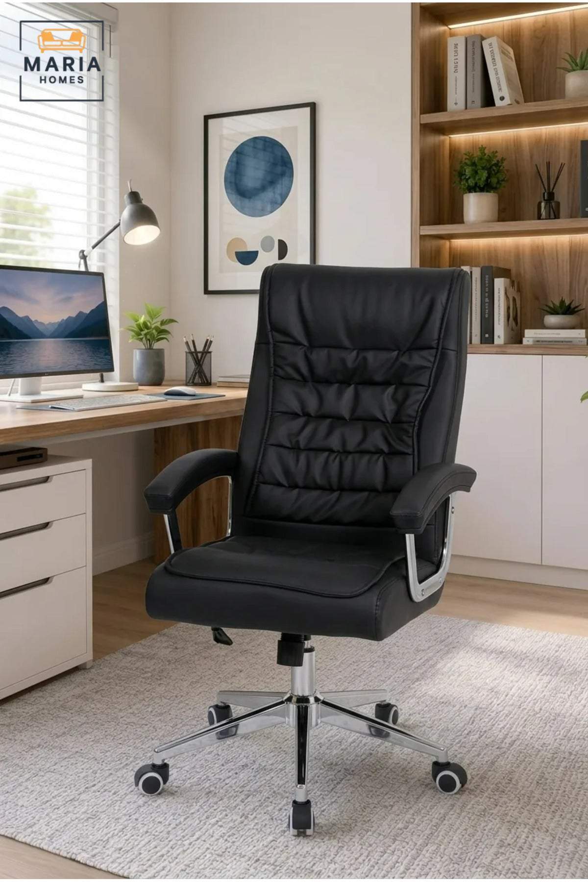 Executive Office Chair with High Backrest, Padded Armrests, Adjustable Swivel Seat and Rolling Wheels for Home Office, Study and Meeting Room