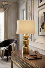 Modern Gold Table Lamp with Stacked Geometric Base and Fabric Shade Decorative Bedside Light for Bedroom Living Room Office and Hotel Décor