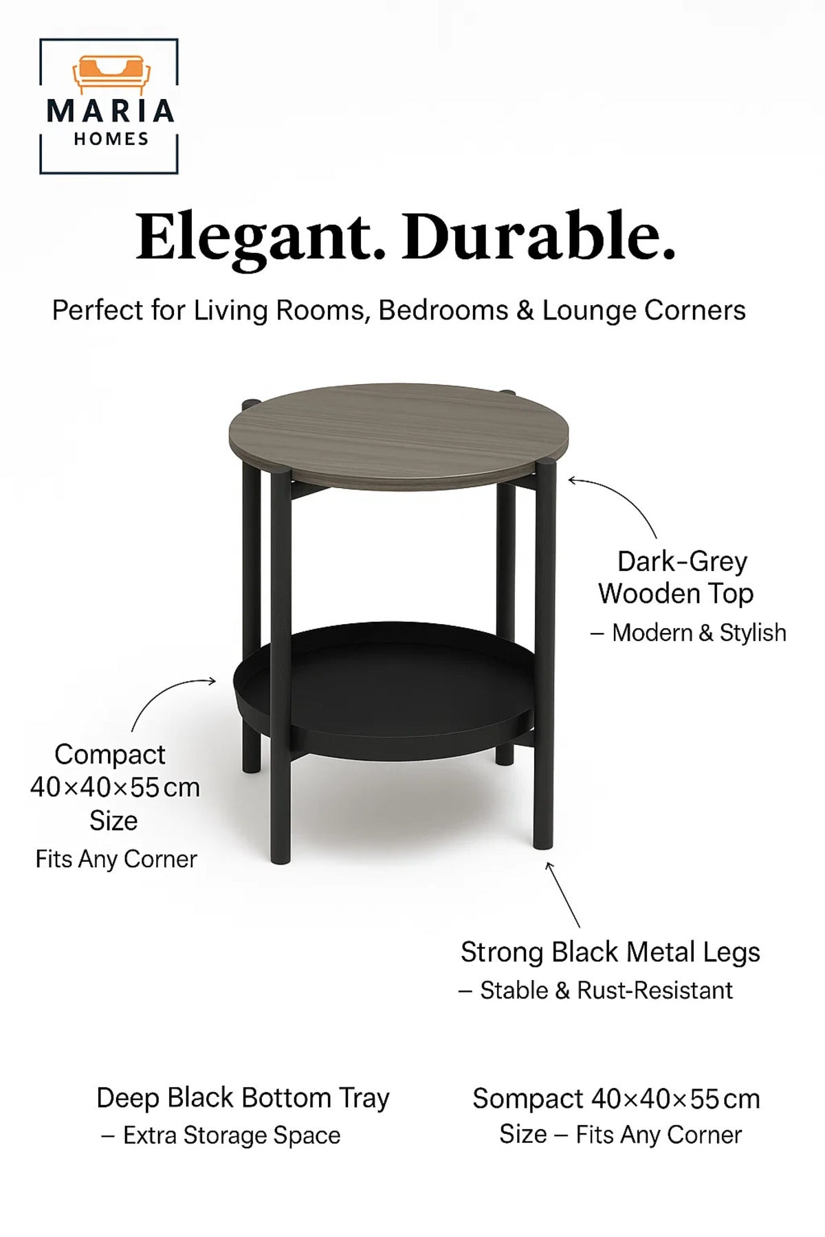 Modern Dark Grey Side Table √ê Round Coffee Table with Black Storage Shelf 40_40_55 cm