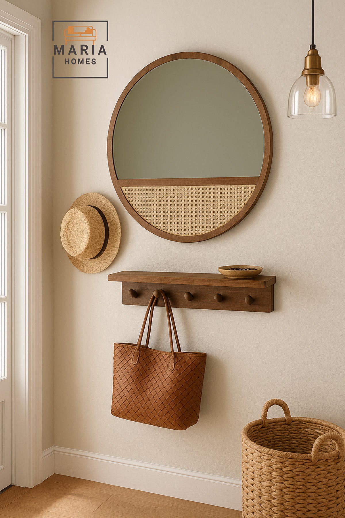 Round Wall Mirror 60cm Ð Dark Wood Frame With Rattan Accent