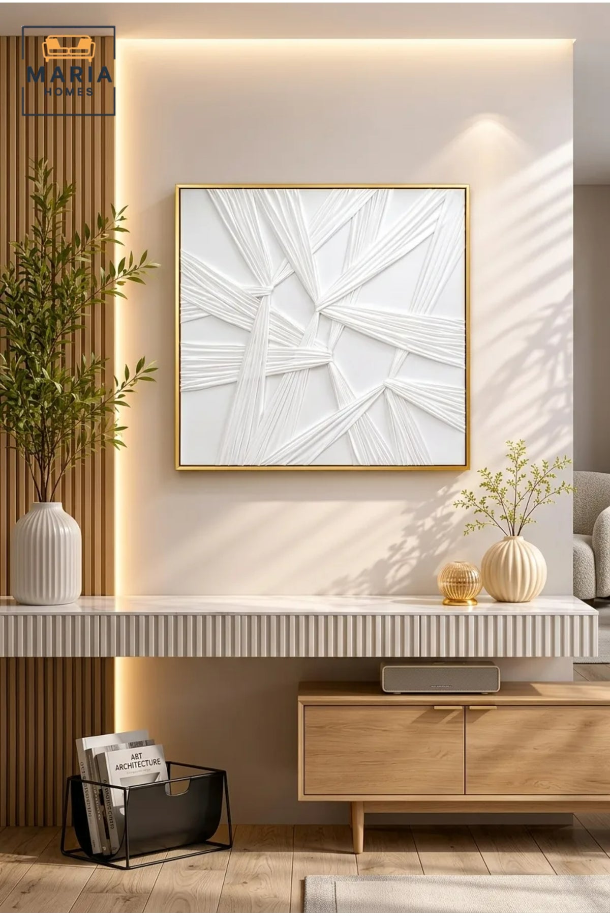 White Geometric Textured Wall Art with Gold Frame Ð Modern Abstract Decorative Artwork