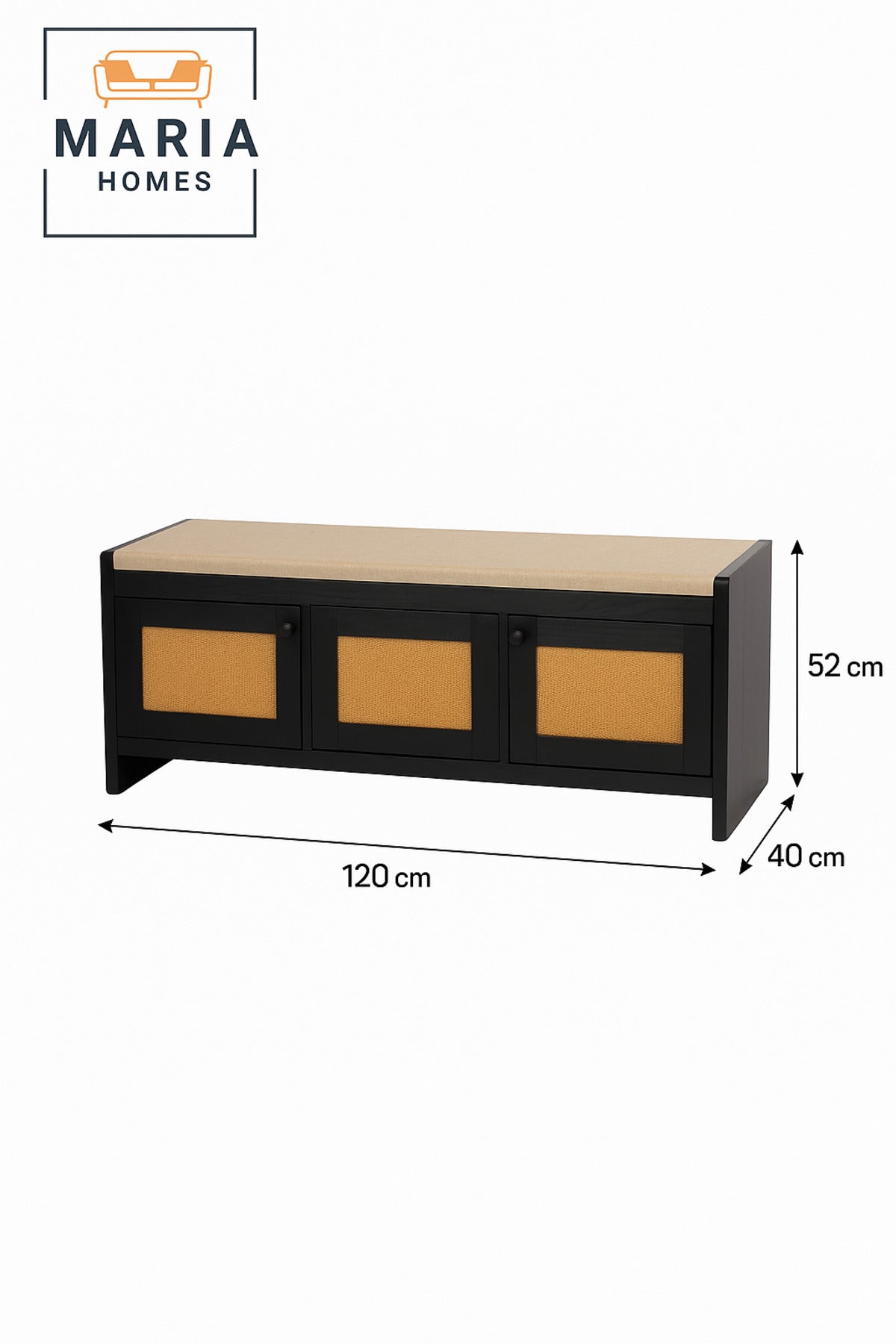 Black Wooden Storage Bench with Rattan Doors & Cushion Seat Ð Shoe Cabinet (120_40_52 cm)
