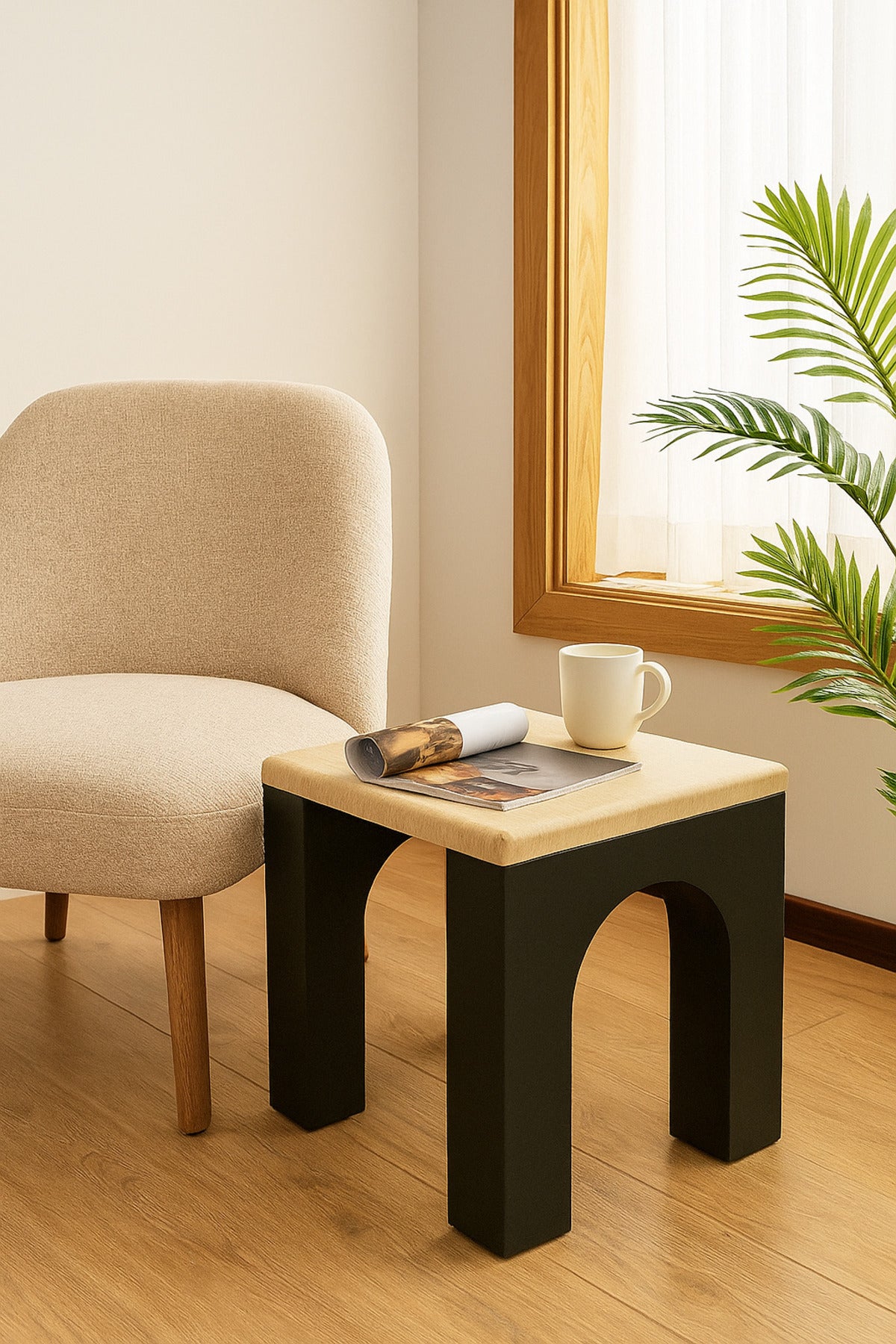 Wooden Side Table with Black Arched Legs Modern End Table for Living Room or Bedroom 50_50_55 cm