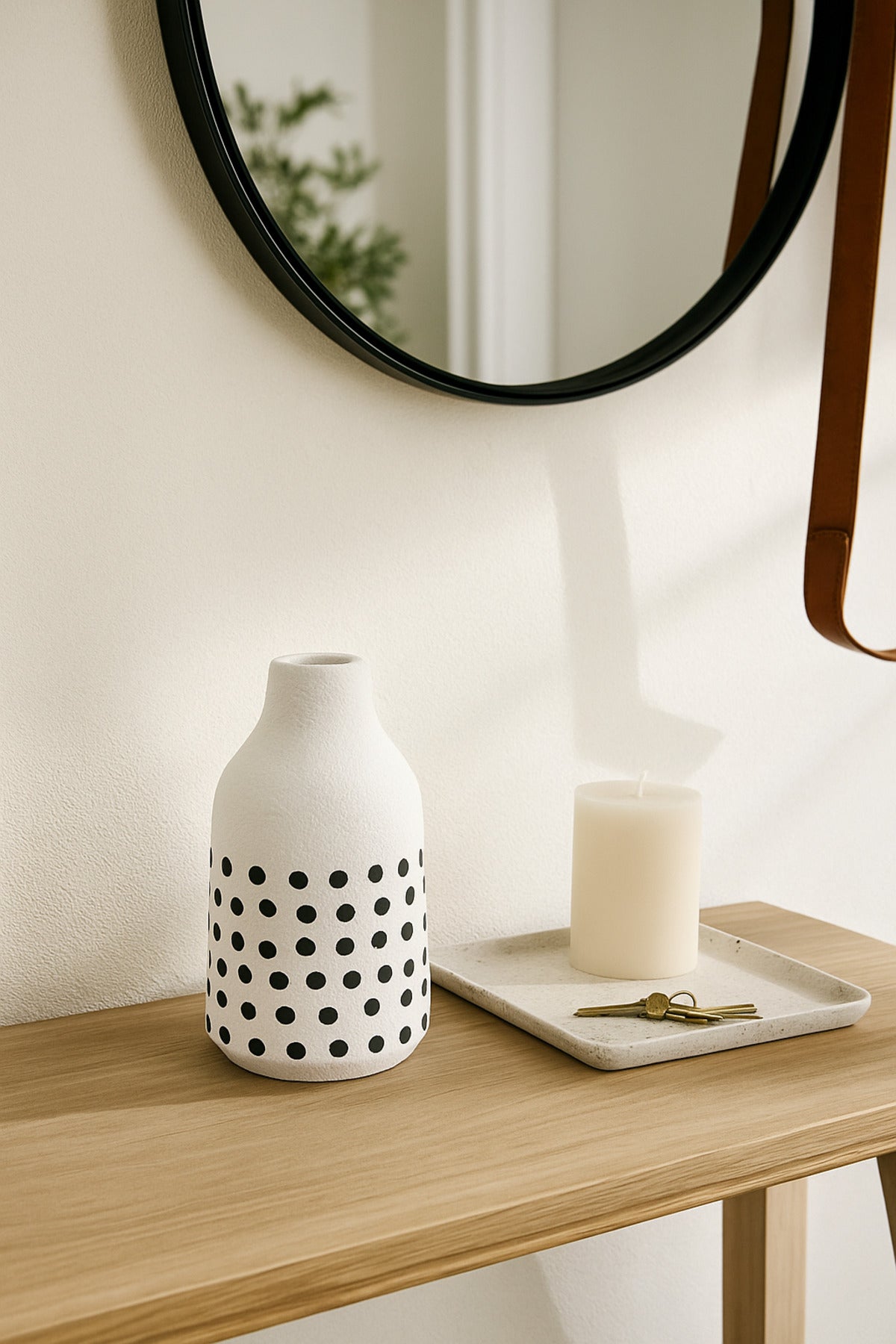 Natural White Ceramic Vase with Black Dots Ð Tall Cylinder Decorative Vase